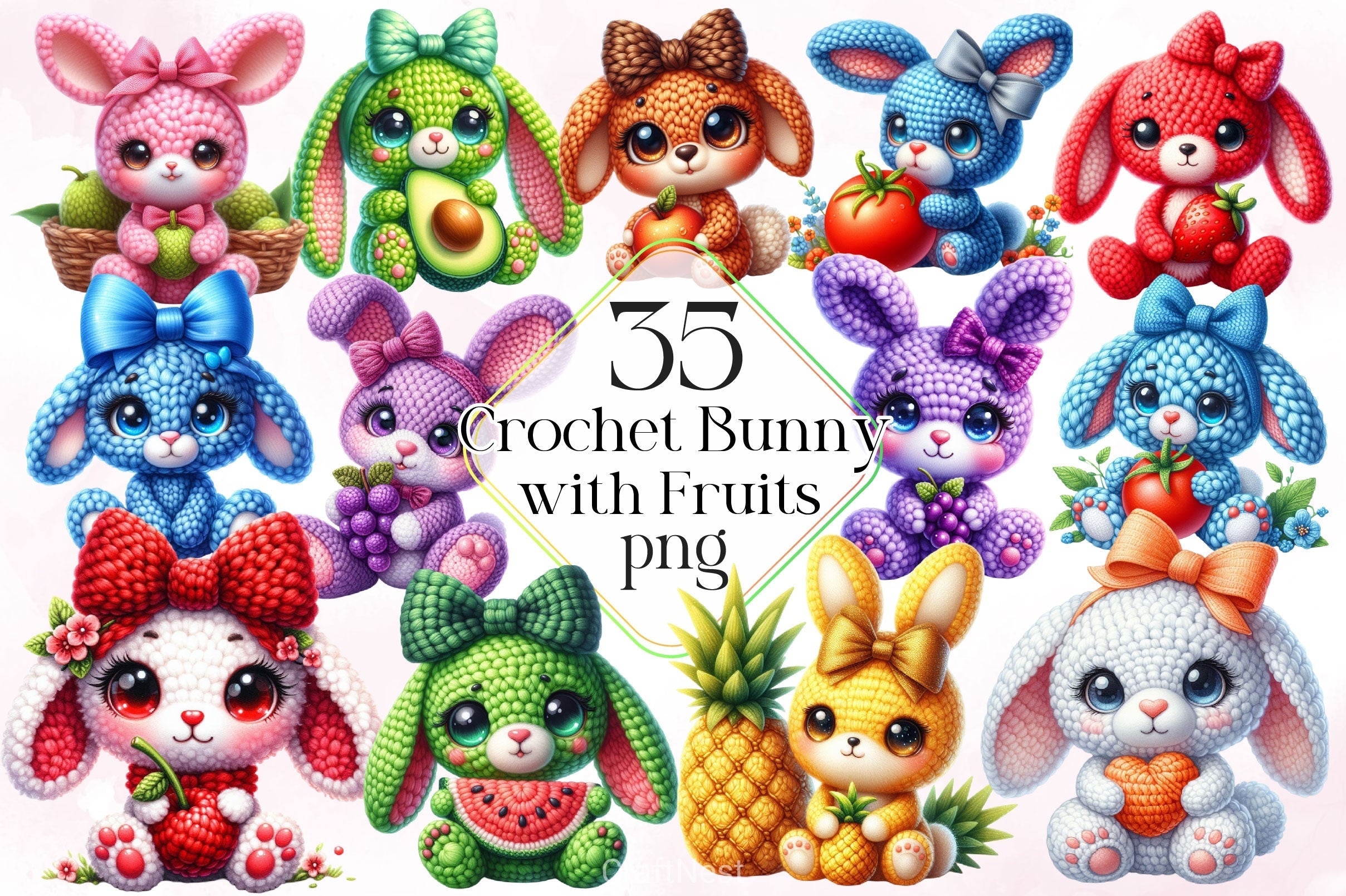 Crochet Bunny With Fruits Clipart Bundle 2