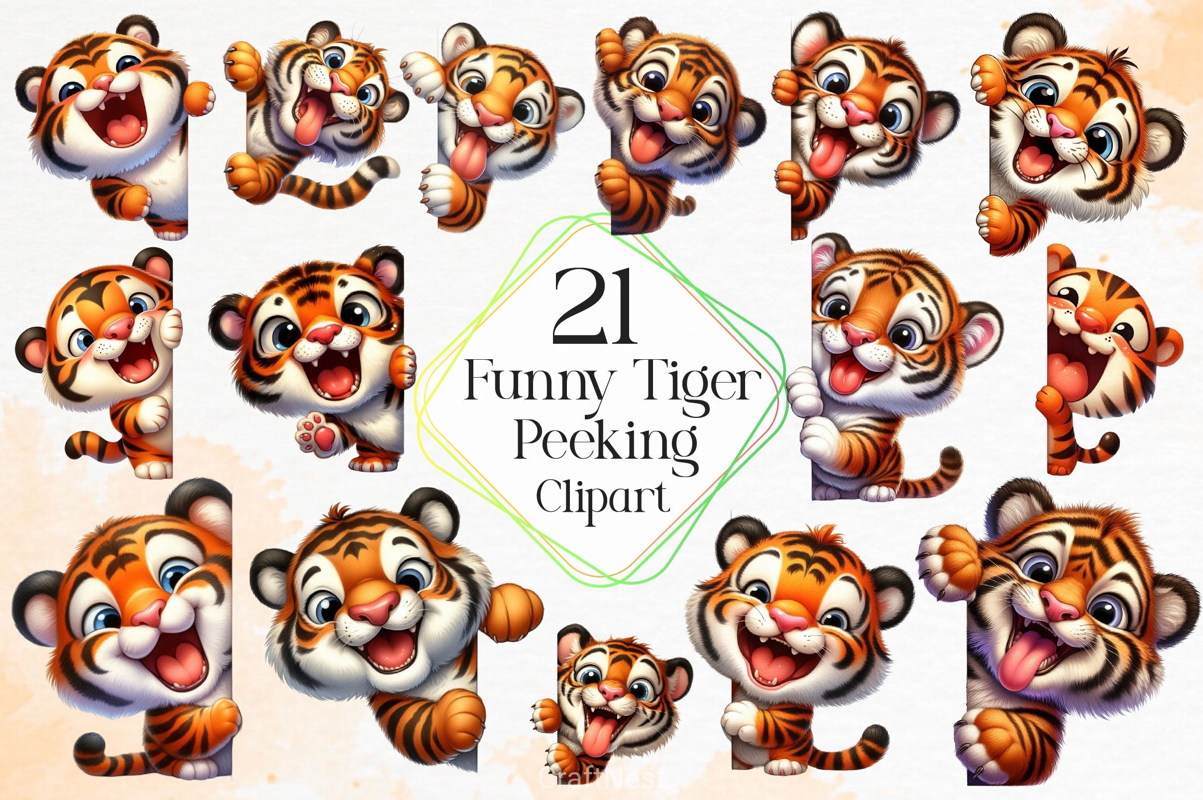 Funny Tiger Peeking Around Corner Clipart Bundle