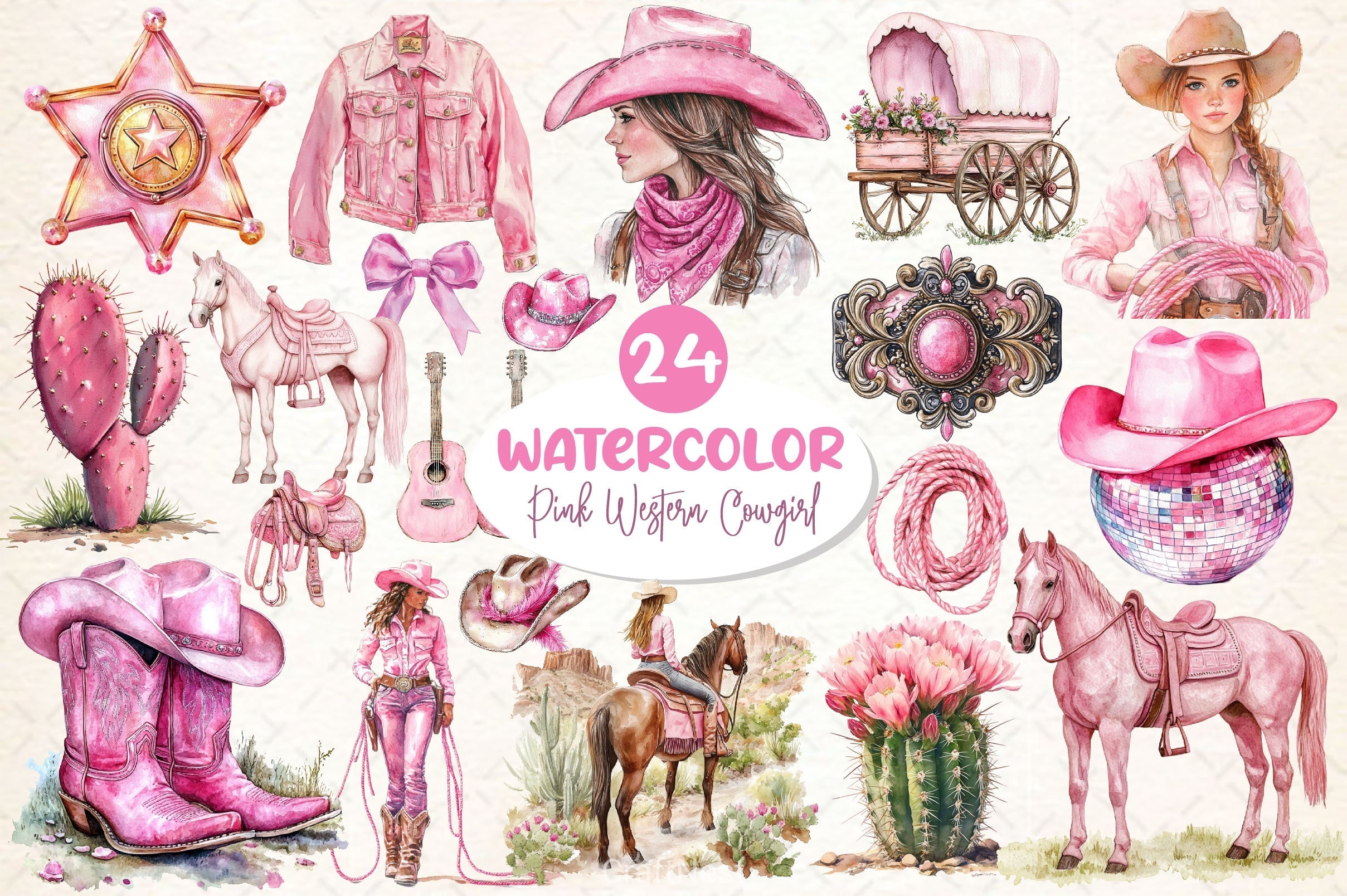 Pink Western Cowgirl Clipart Bundle 2