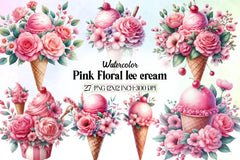 Pink Floral Ice Cream Clipart Bundle 1 - CraftNest - Digital Crafting and Art