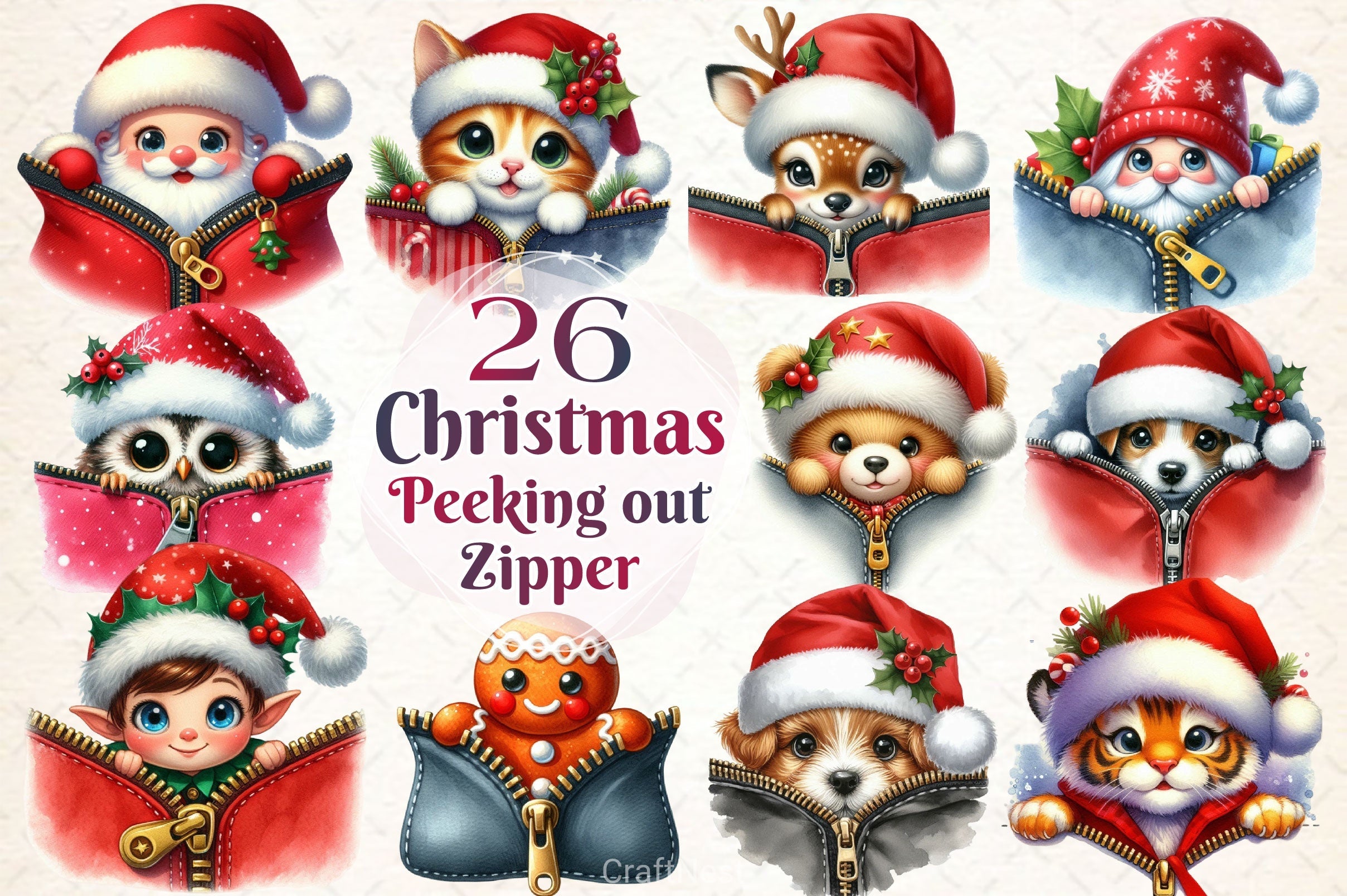 Christmas Peeking Out Zipper Clipart Bundle 4