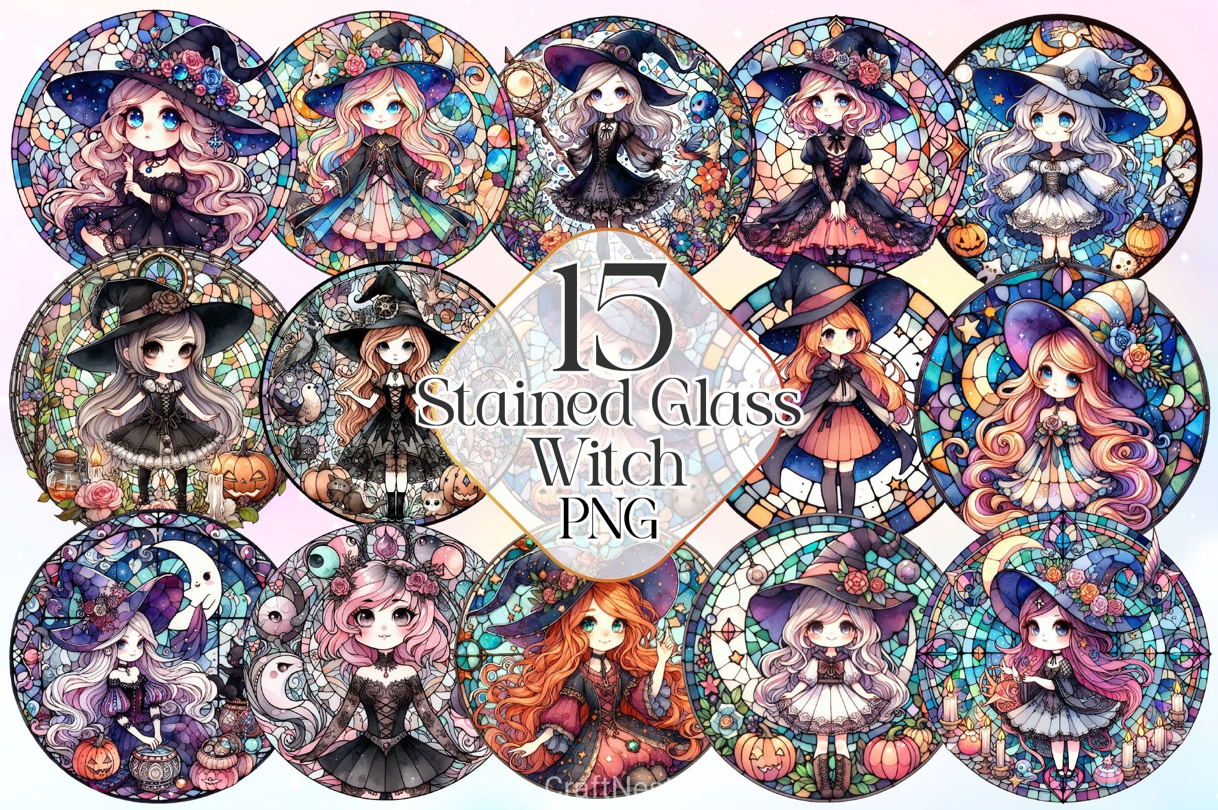 Stained Glass Witch Clipart Bundle