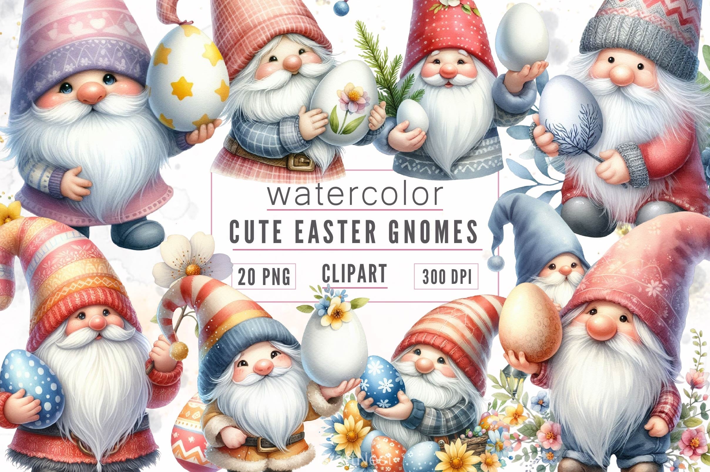 Watercolour Easter Gnomes Clipart Bundle