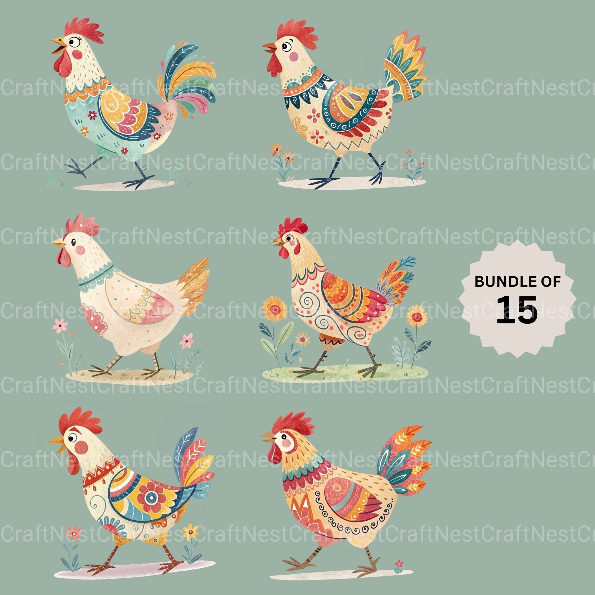 Boho Chickens Clipart Bundle