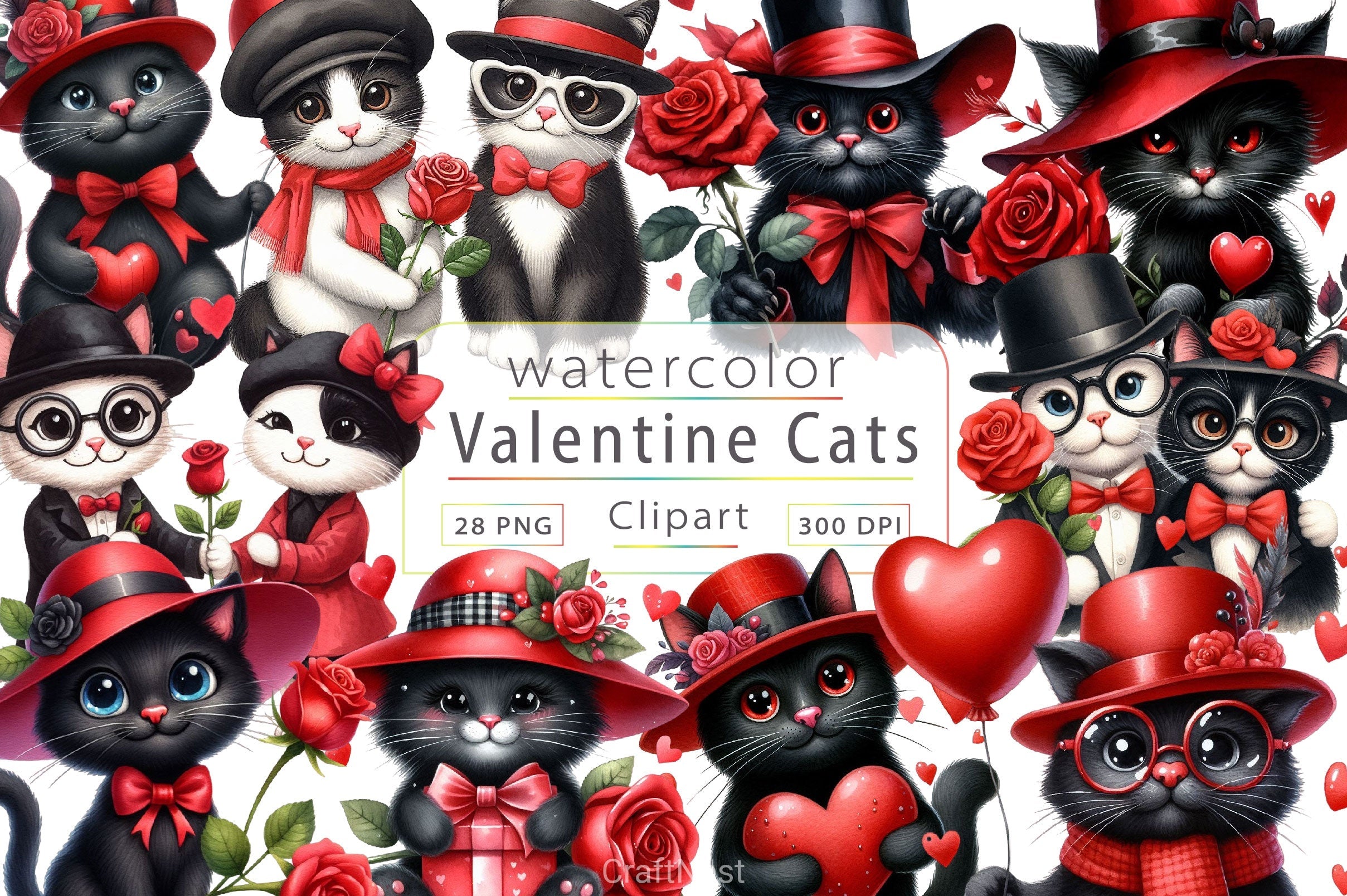 Valentines Black Cat Clipart Bundle 2