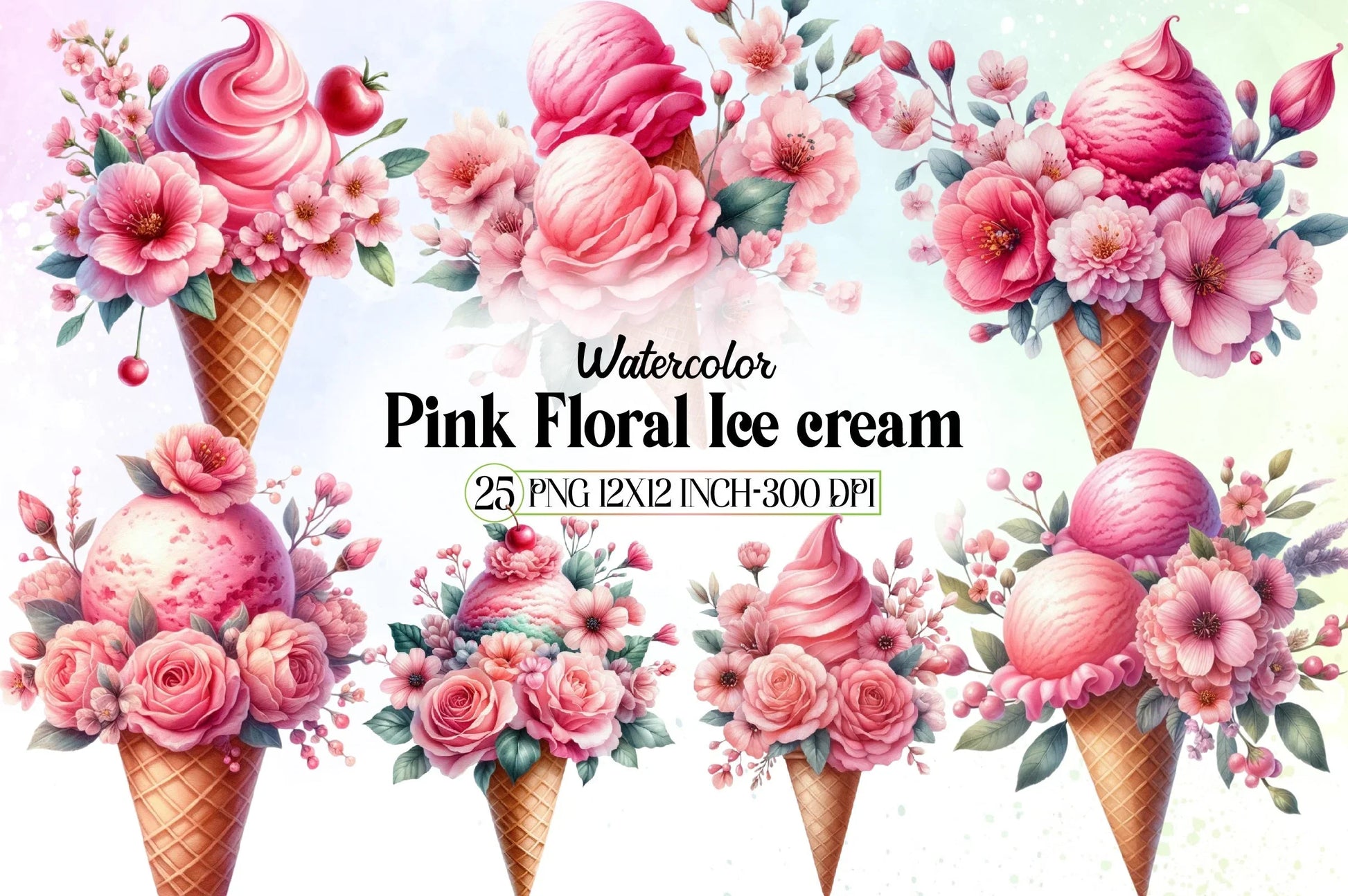 Pink Floral Ice Cream Clipart Bundle - CraftNest - Digital Crafting and Art