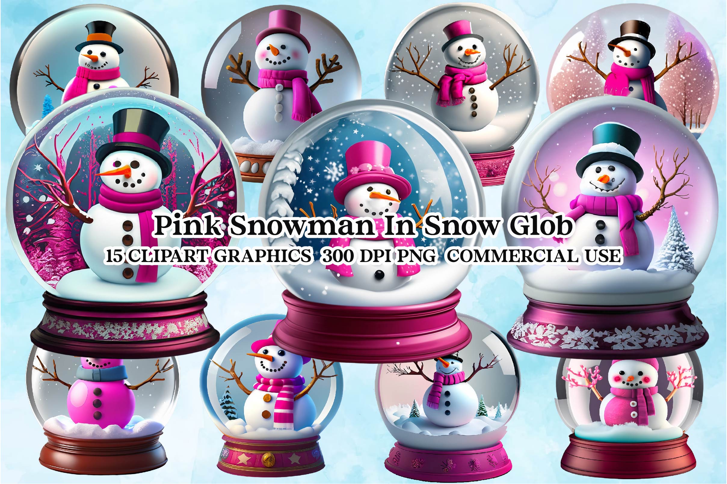 Pink Snowman In Snow Globe Clipart Bundle