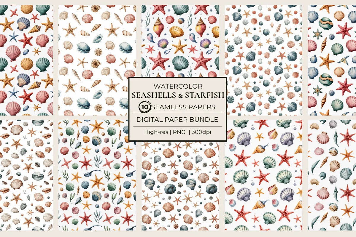 Seashells & Starfish Seamless Papers - CraftNest - Digital Crafting and Art