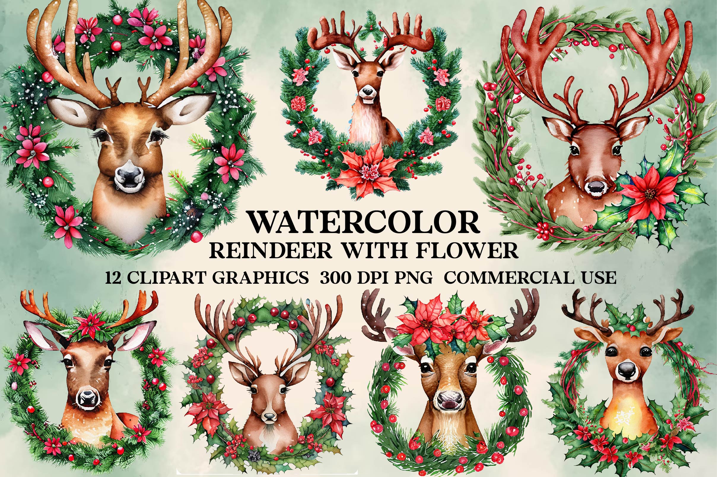 Reindeer With Flower Clipart Bundle