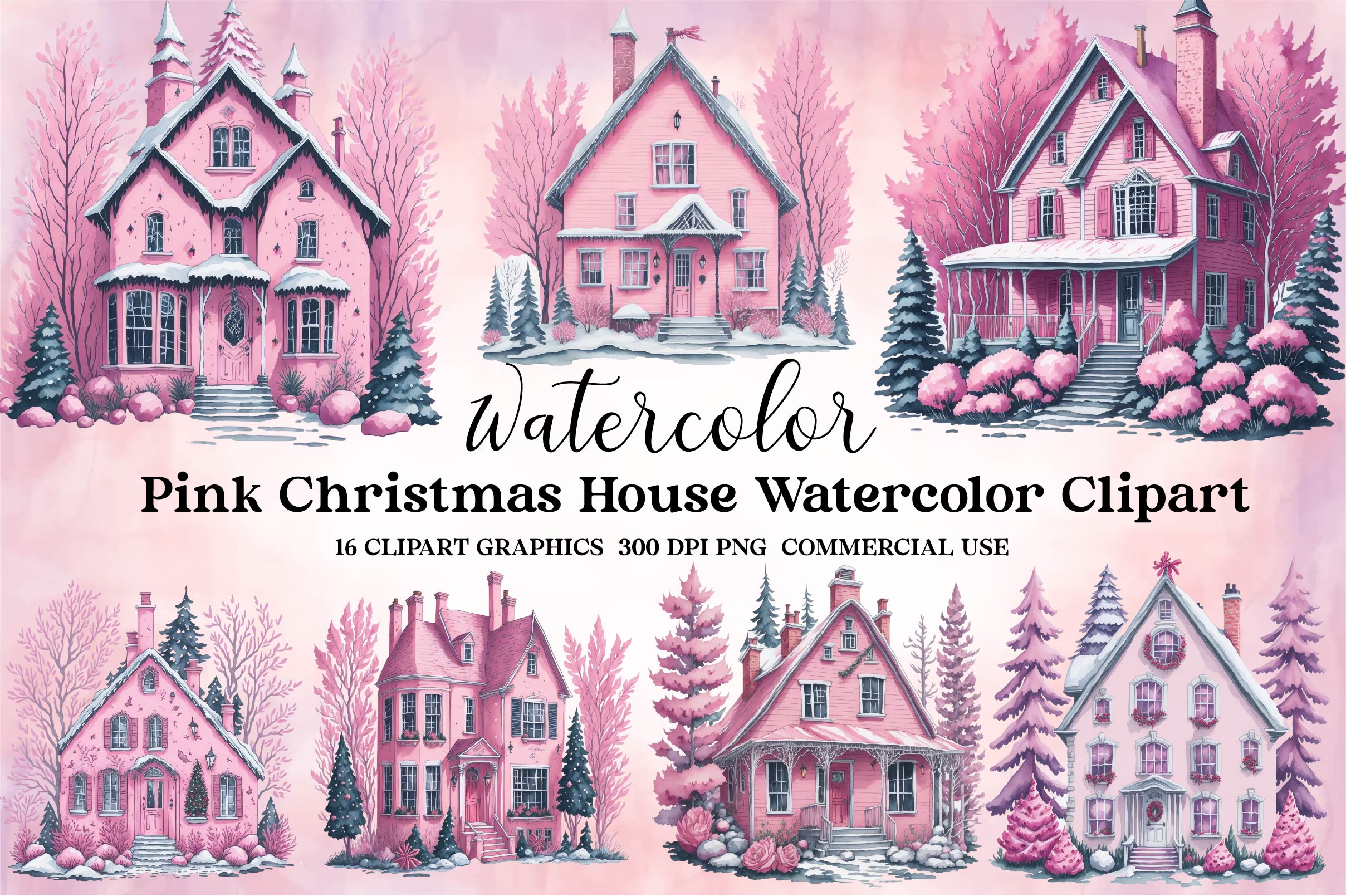 Pink Christmas House Clipart Bundle