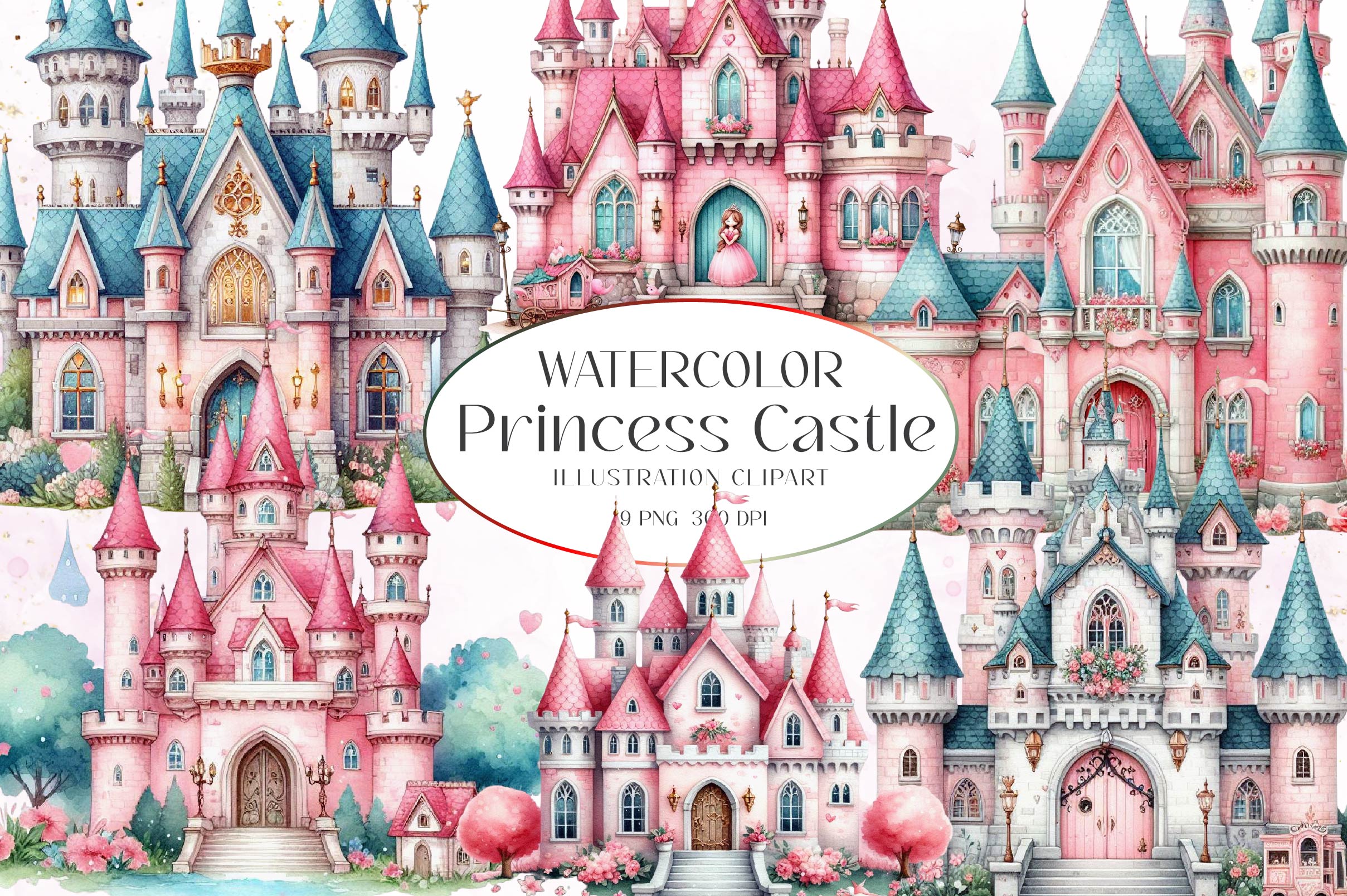 Pink Princess Castle Clipart Bundle