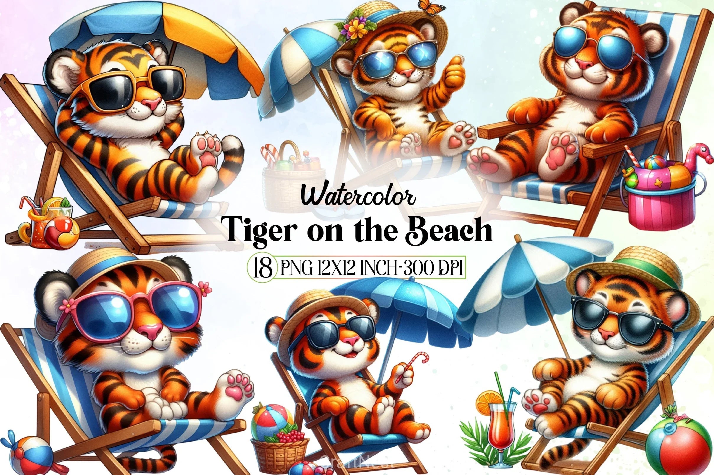 Cute Tiger Beach Clipart Bundle - CraftNest - Digital Crafting and Art