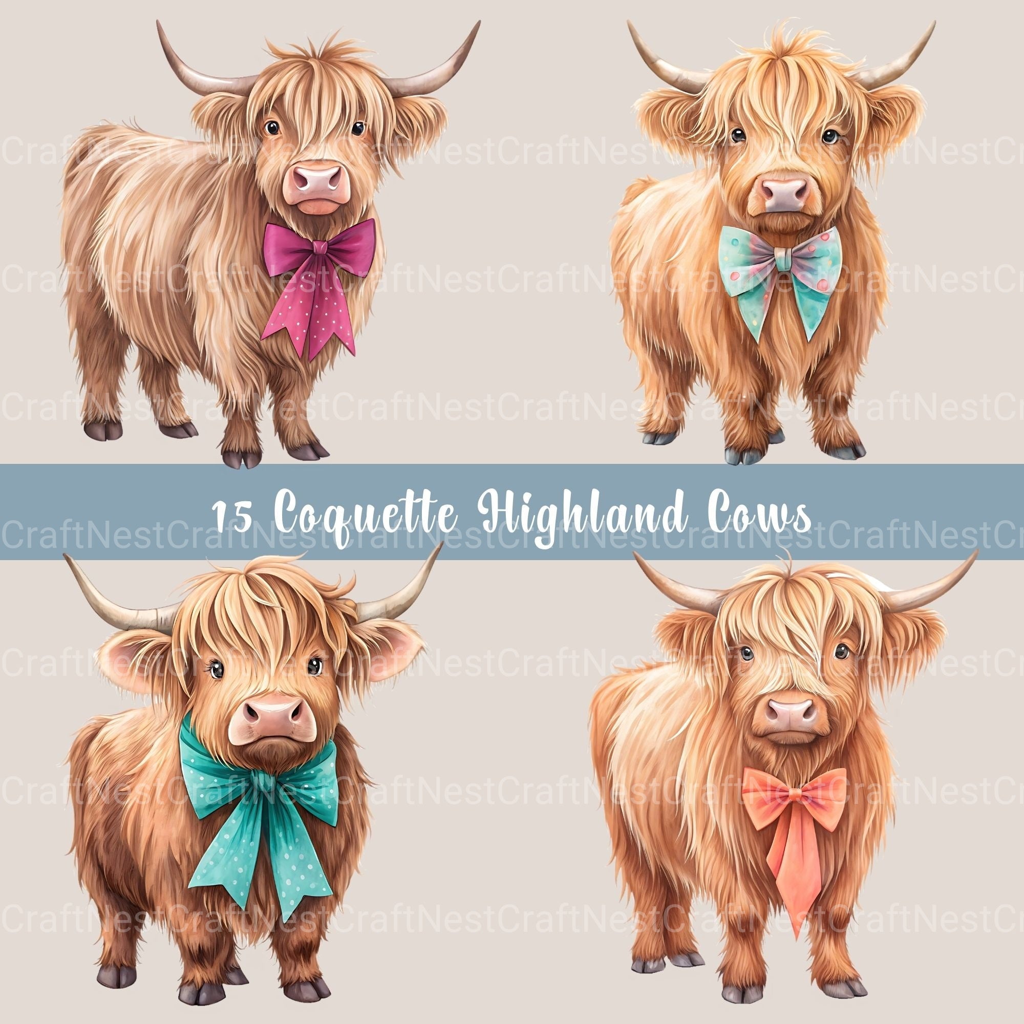 Coquette Highland Cows Clipart Bundle