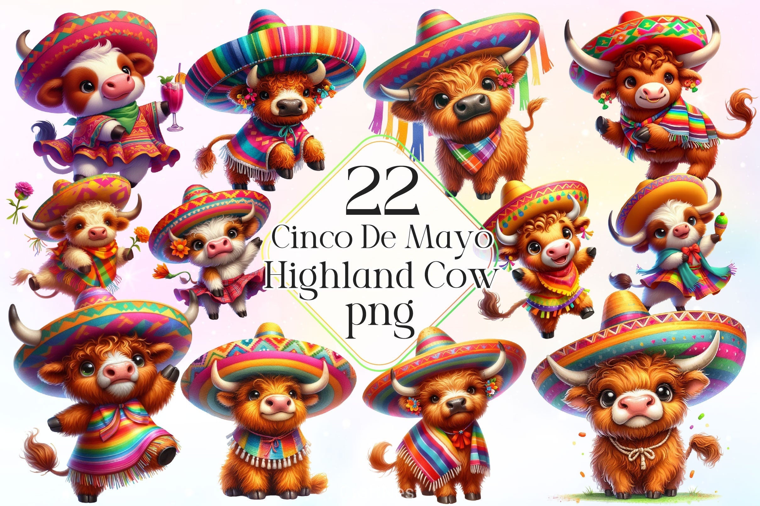 Cinco De Mayo Highland Cow Clipart Bundle 3