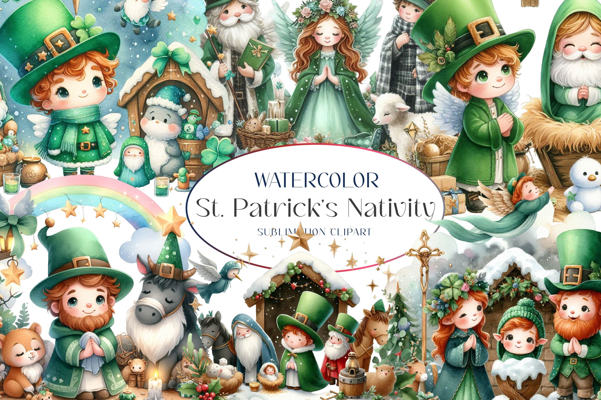 Cute St Patricks Day Nativity Scene Clipart Bundle
