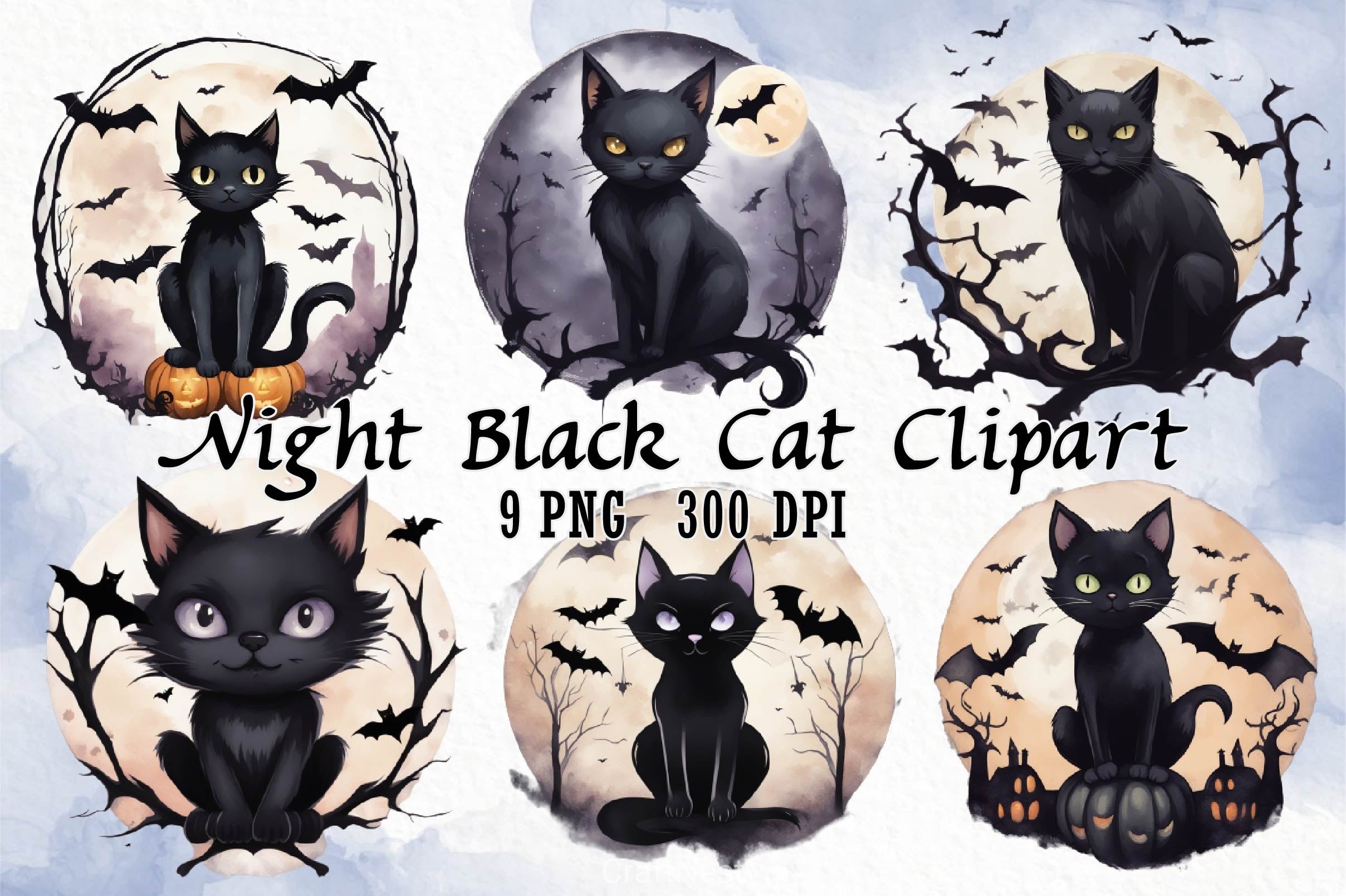 Night Black Cat Clipart Bundle 2