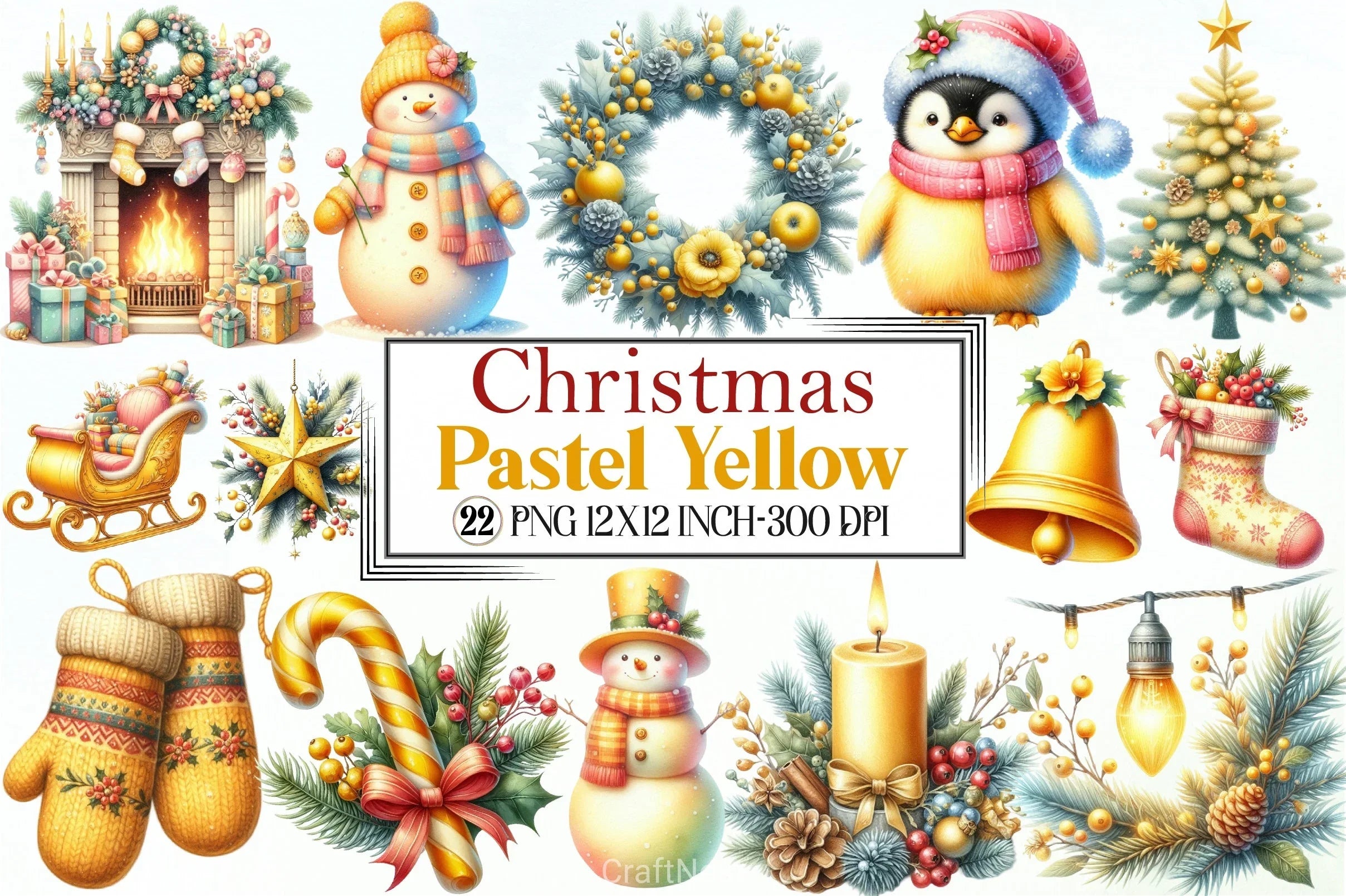Watercolour Pastel Yellow Christmas Clipart Bundle - CraftNest - Digital Crafting and Art
