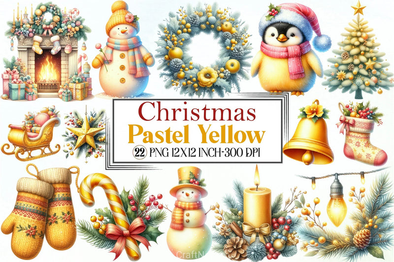 Watercolour Pastel Yellow Christmas Clipart Bundle - CraftNest - Digital Crafting and Art