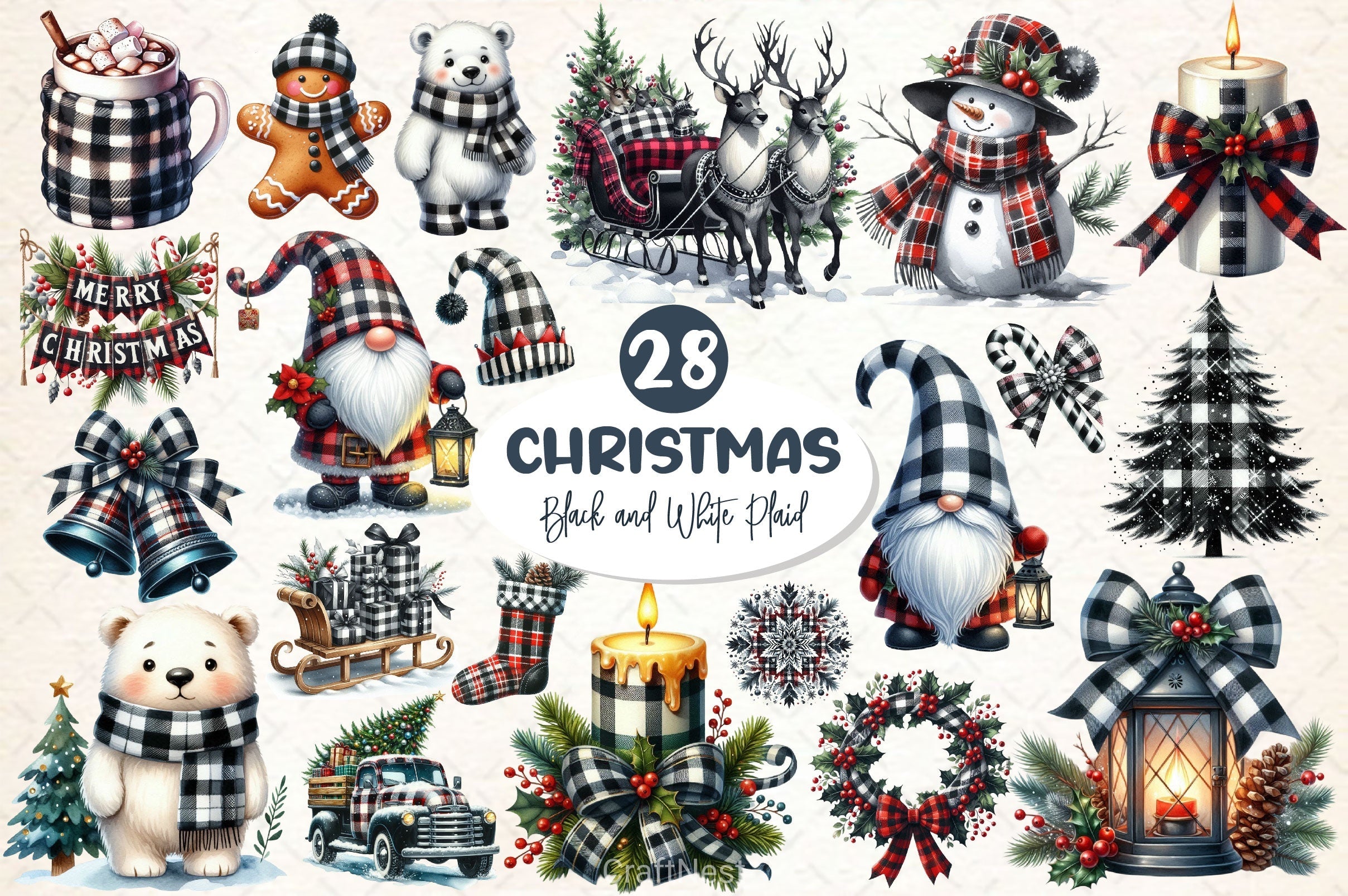 Black & White Plaid Christmas Clipart Bundle 2