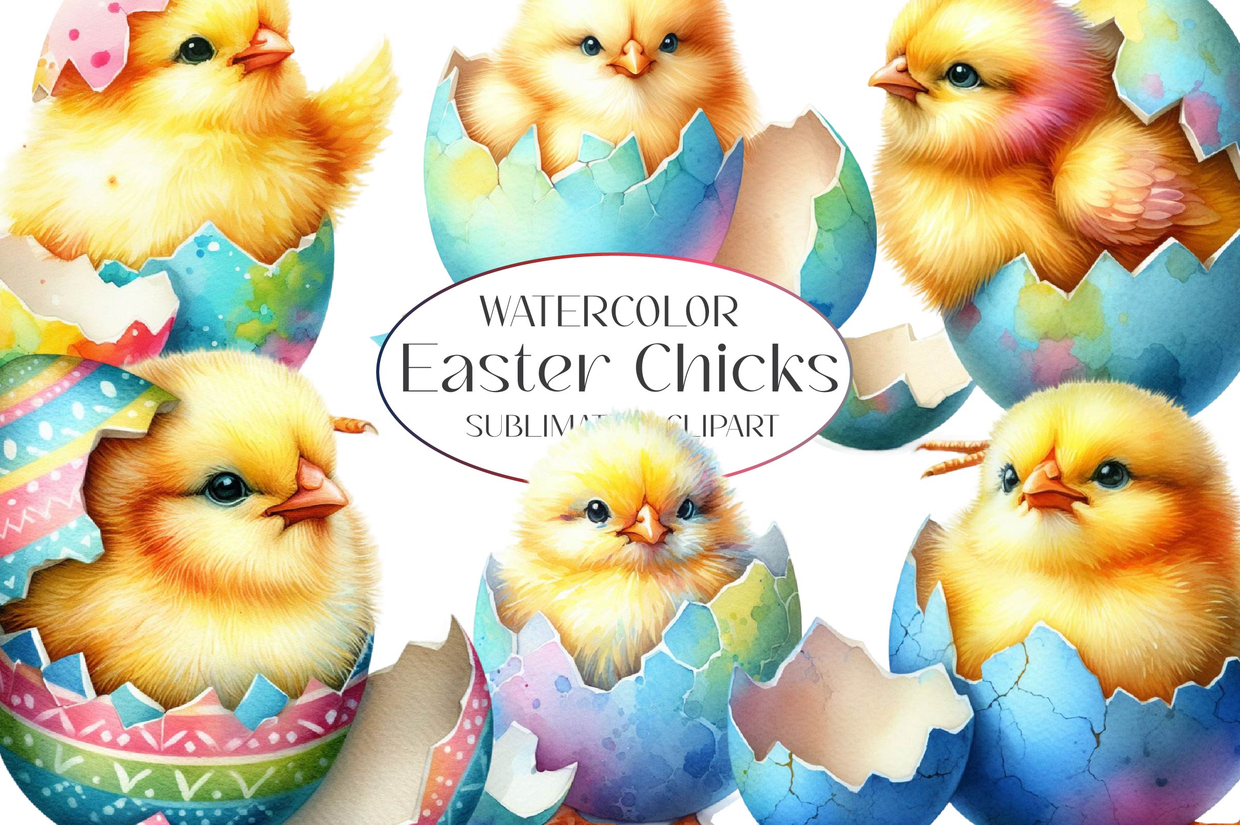 Watercolour Easter Chicks Clipart Bundle