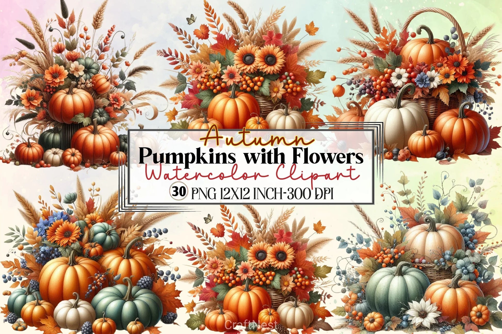 Autumn Pumpkins & Flowers Clipart Bundle - CraftNest - Digital Crafting and Art