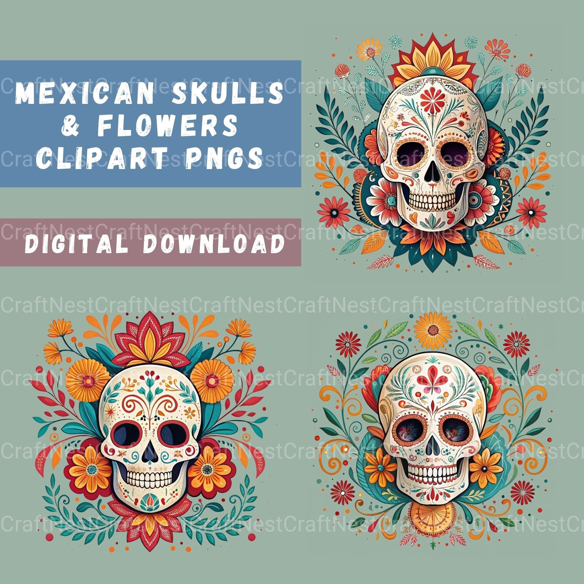 Mexican Floral Skulls Clipart Bundle