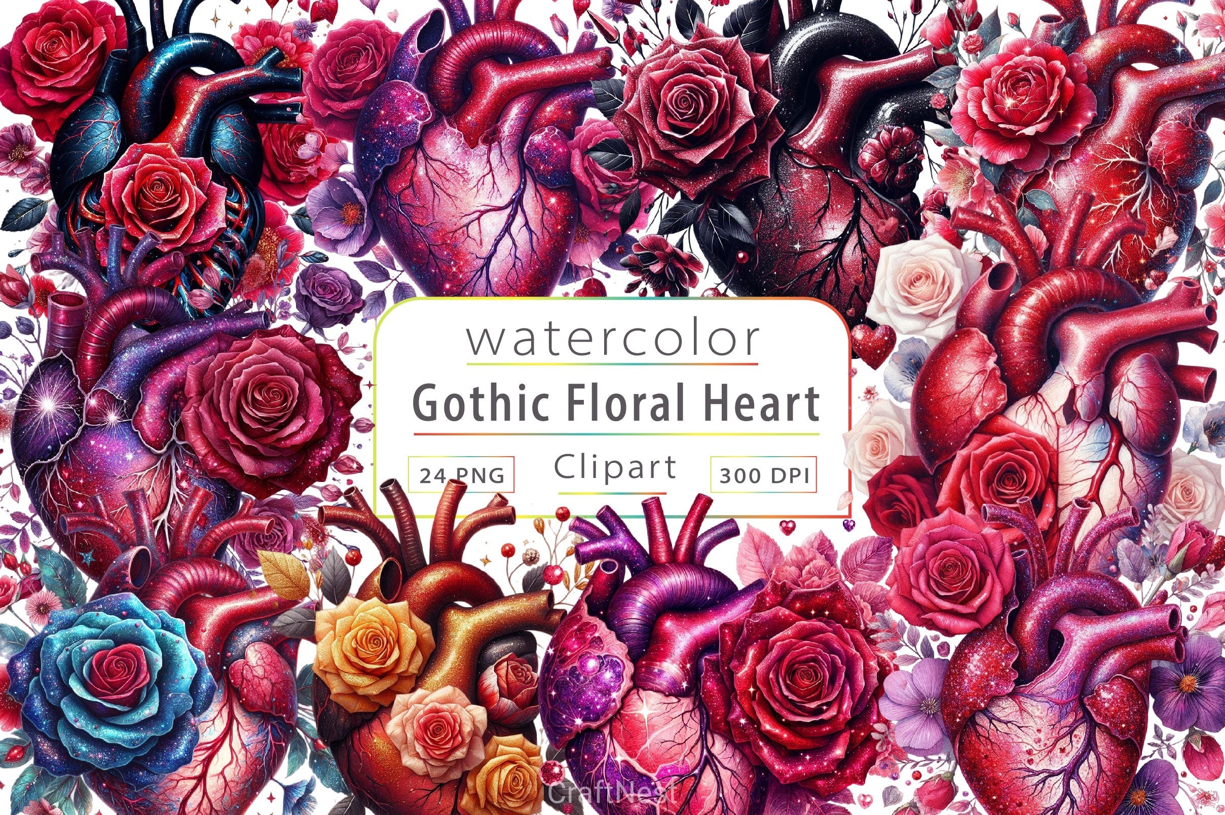 Gothic Floral Heart Clipart Bundle