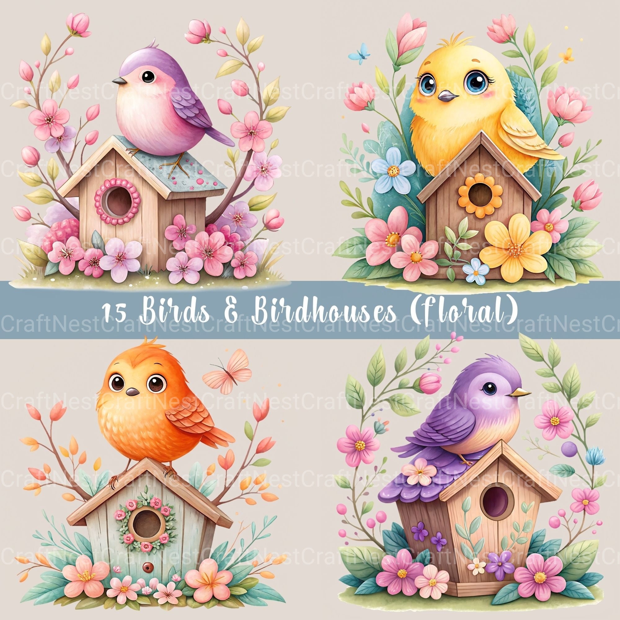 Birdhouse Floral Clipart Bundle
