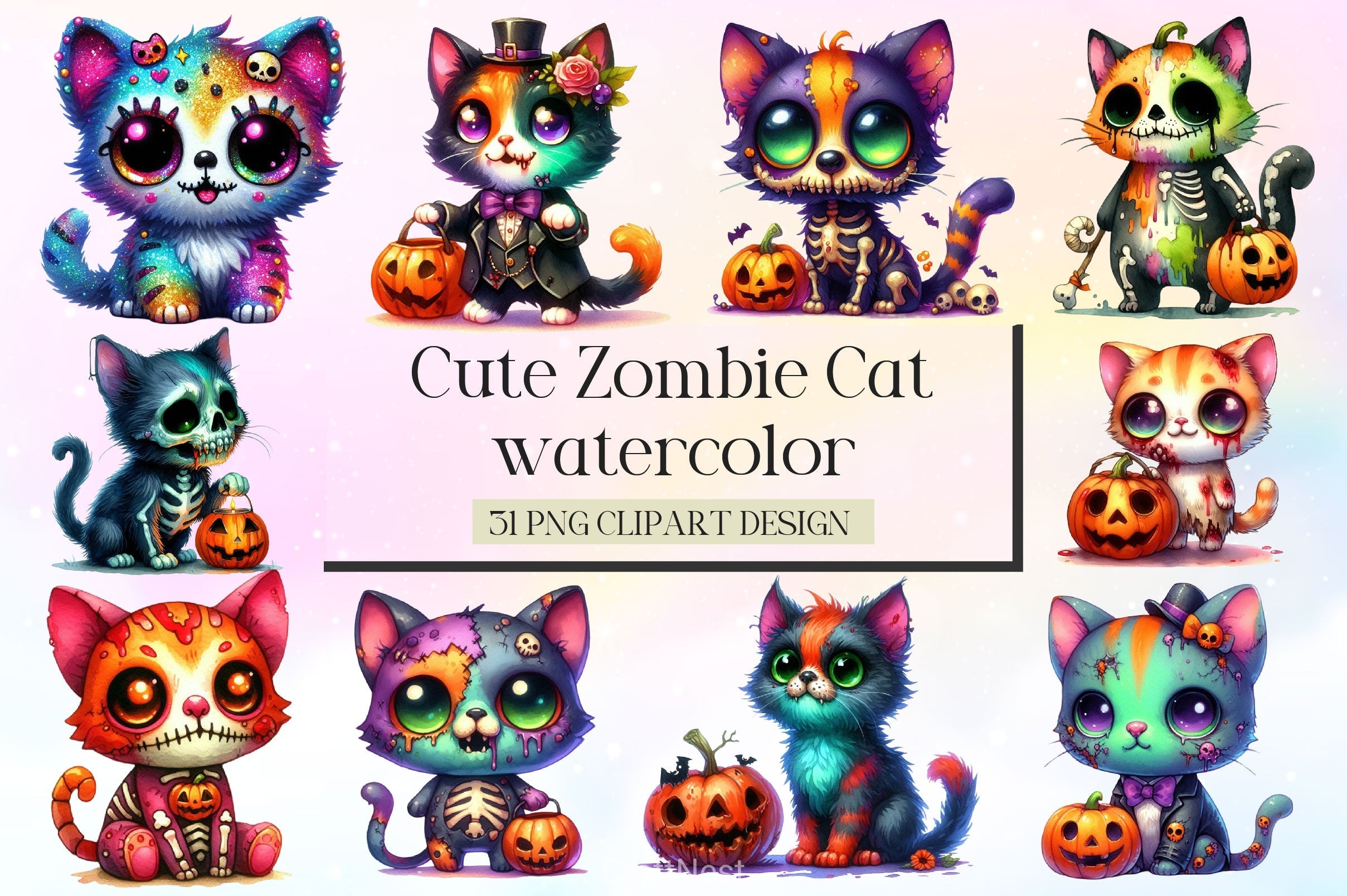 Cute Zombie Cat Clipart Bundle 2