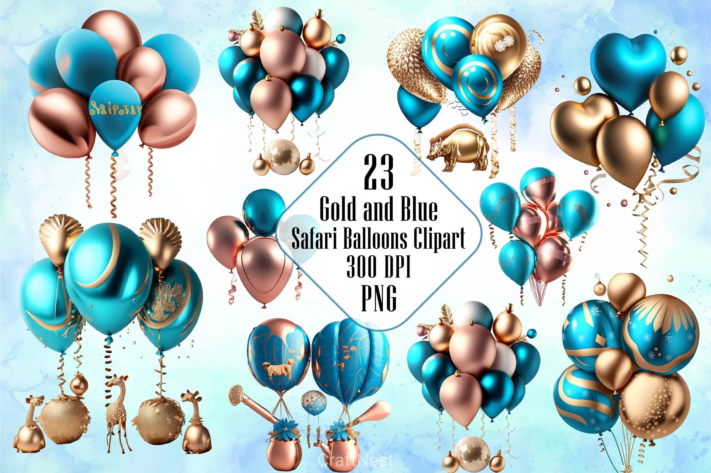Christmas Gold And Blue Safari Balloons Clipart Bundle