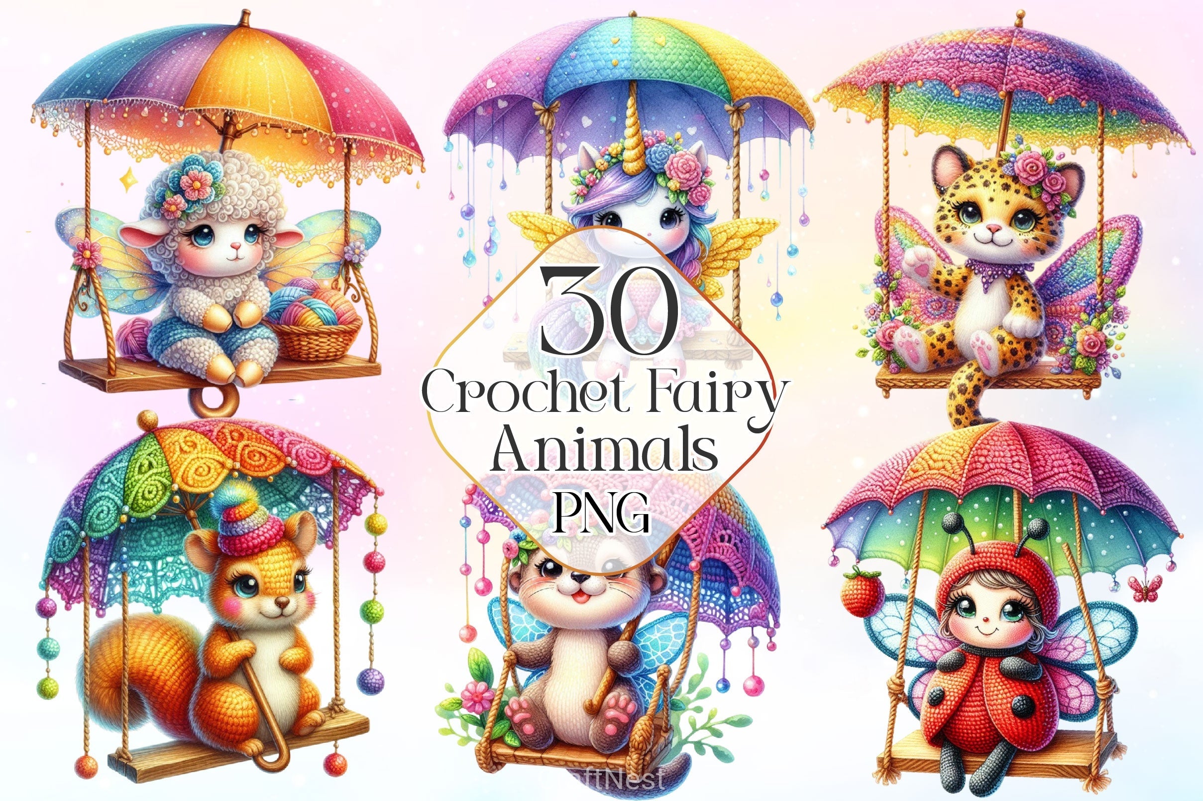 Crochet Magical Fairy Animals Clipart Bundle