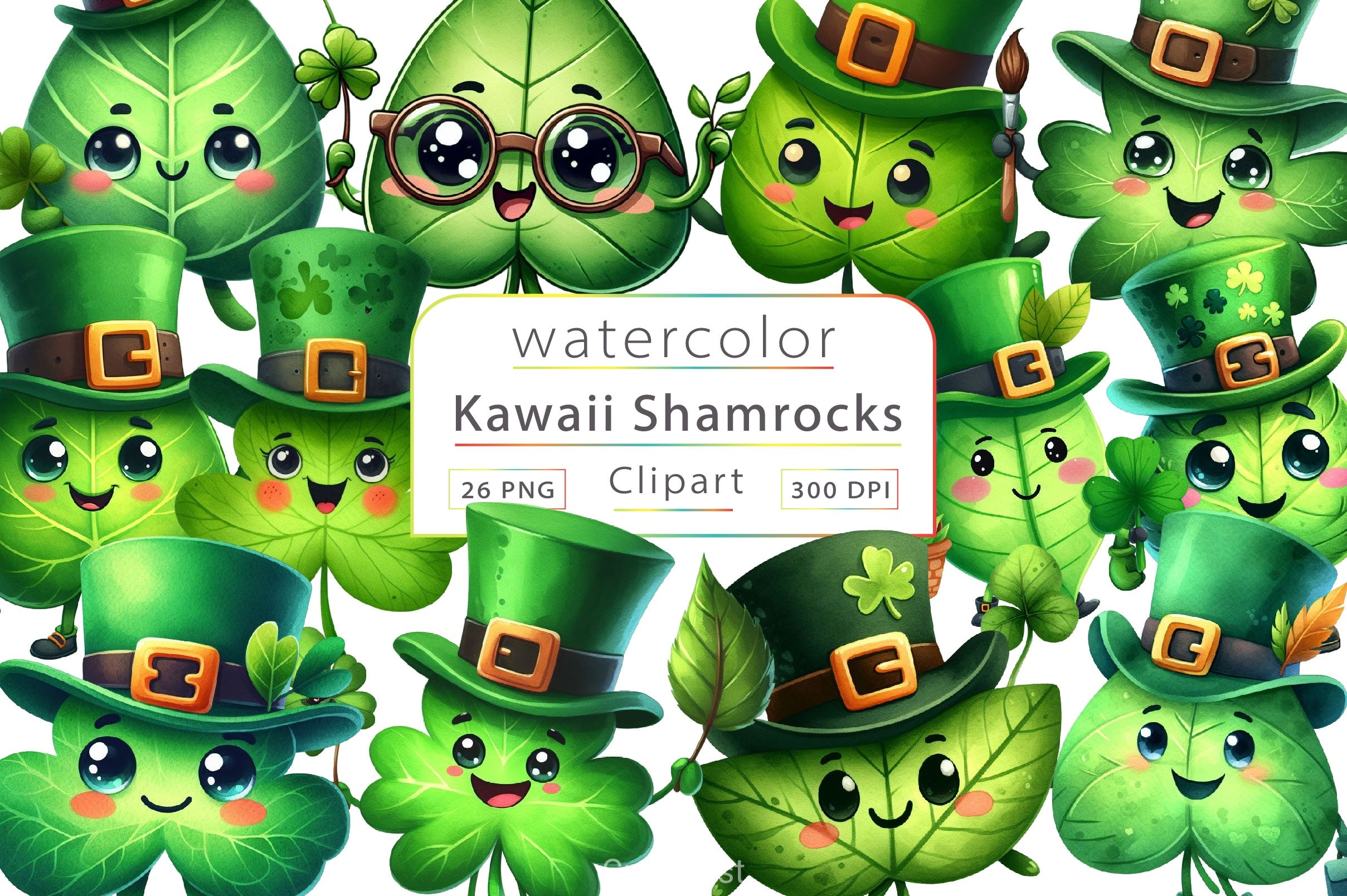 St Patricks Kawaii Shamrocks Clipart Bundle