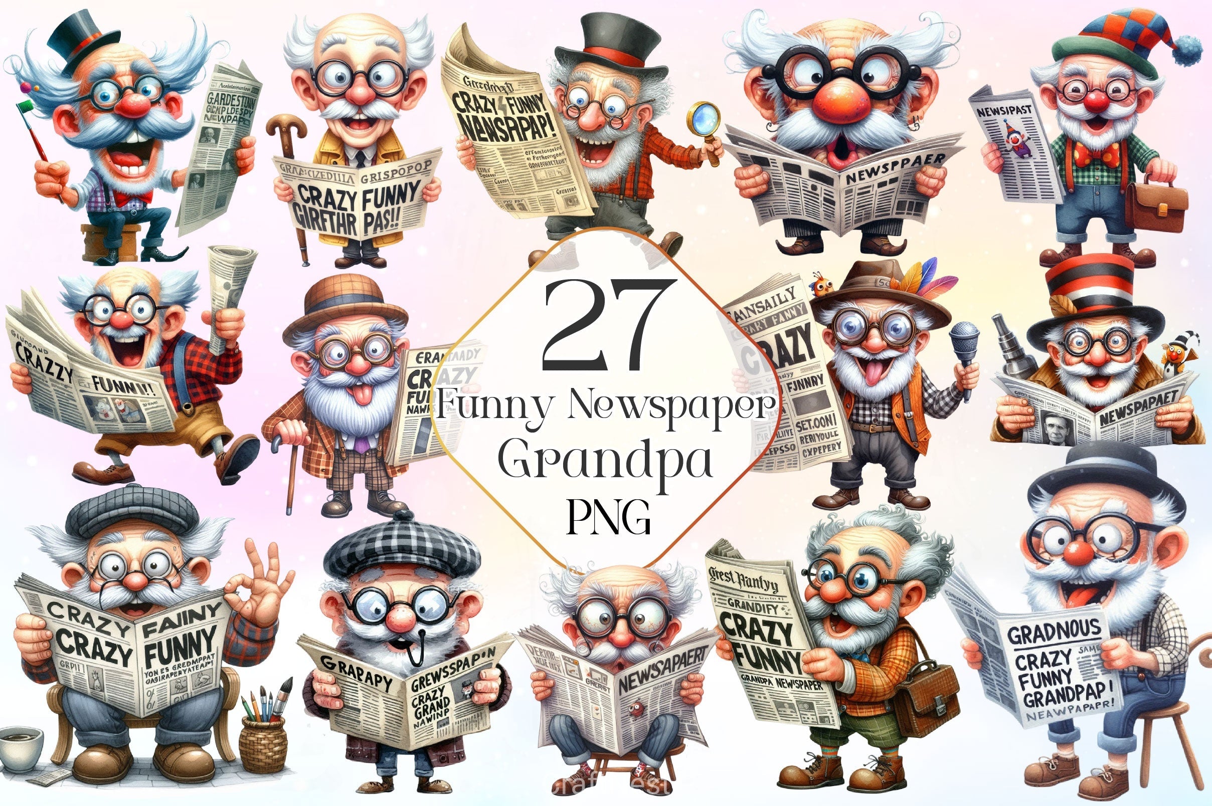 Funny Newspaper Grandpa Clipart Bundle 2