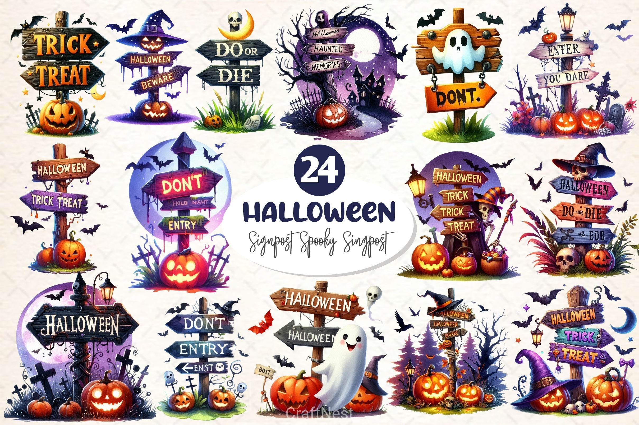 Halloween Signpost Spooky Signpost Clipart Bundle