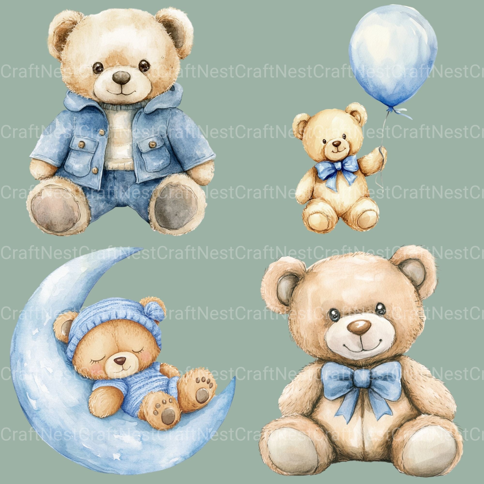 Blue Teddy Bear Clipart Bundle