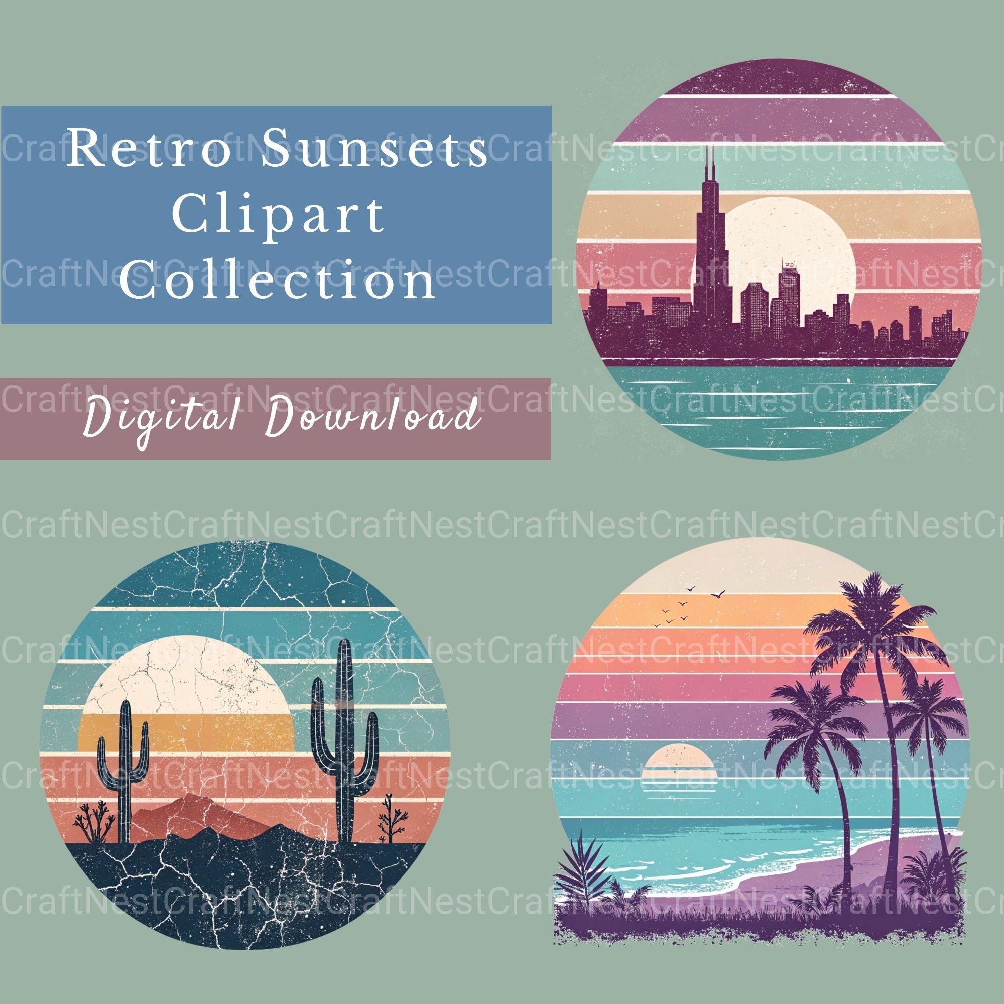 Retro Sunsets 3 Clipart Bundle