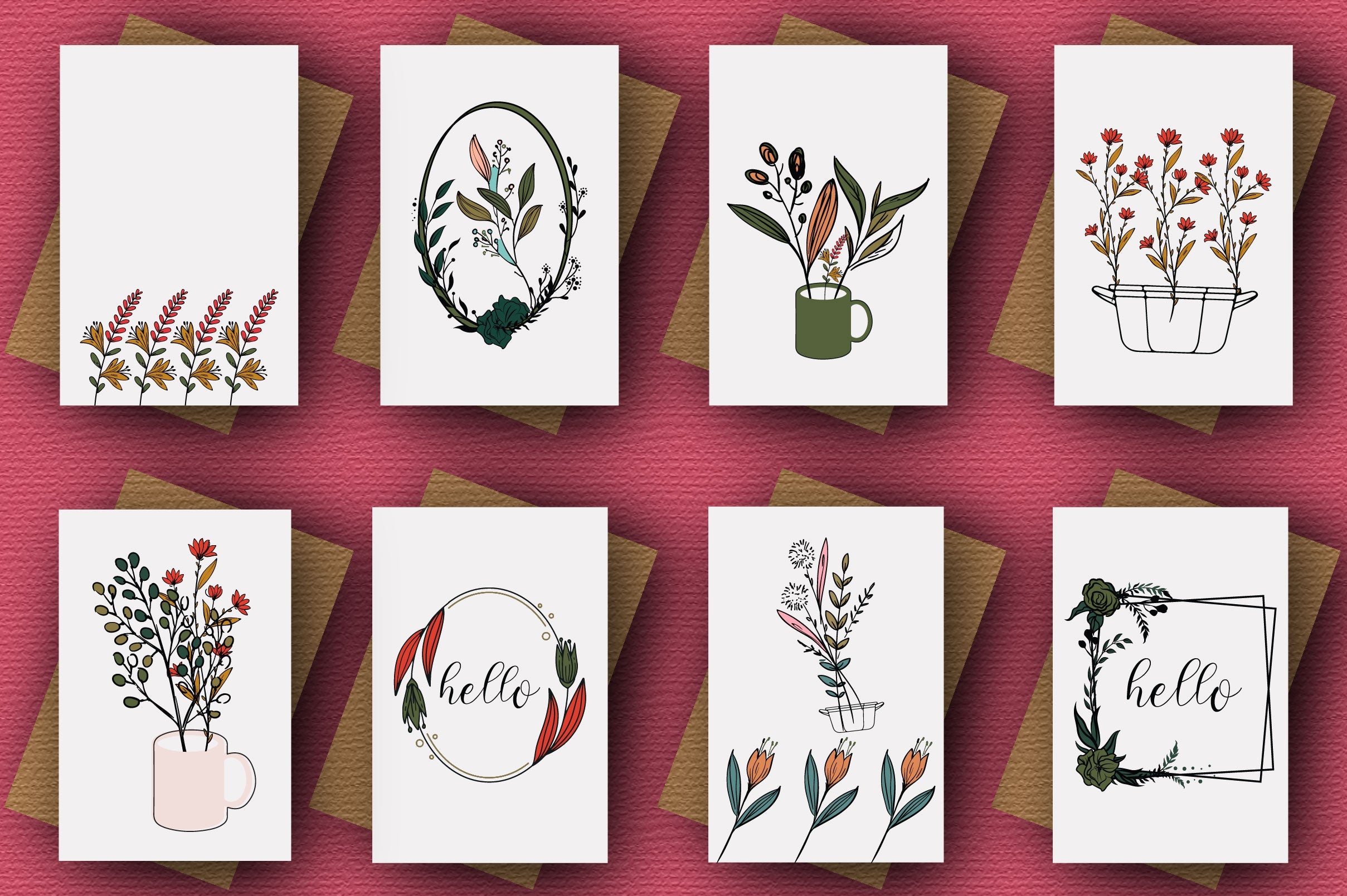 Flowers Card Flowers Illustrations With Recycled Envelope Bundle