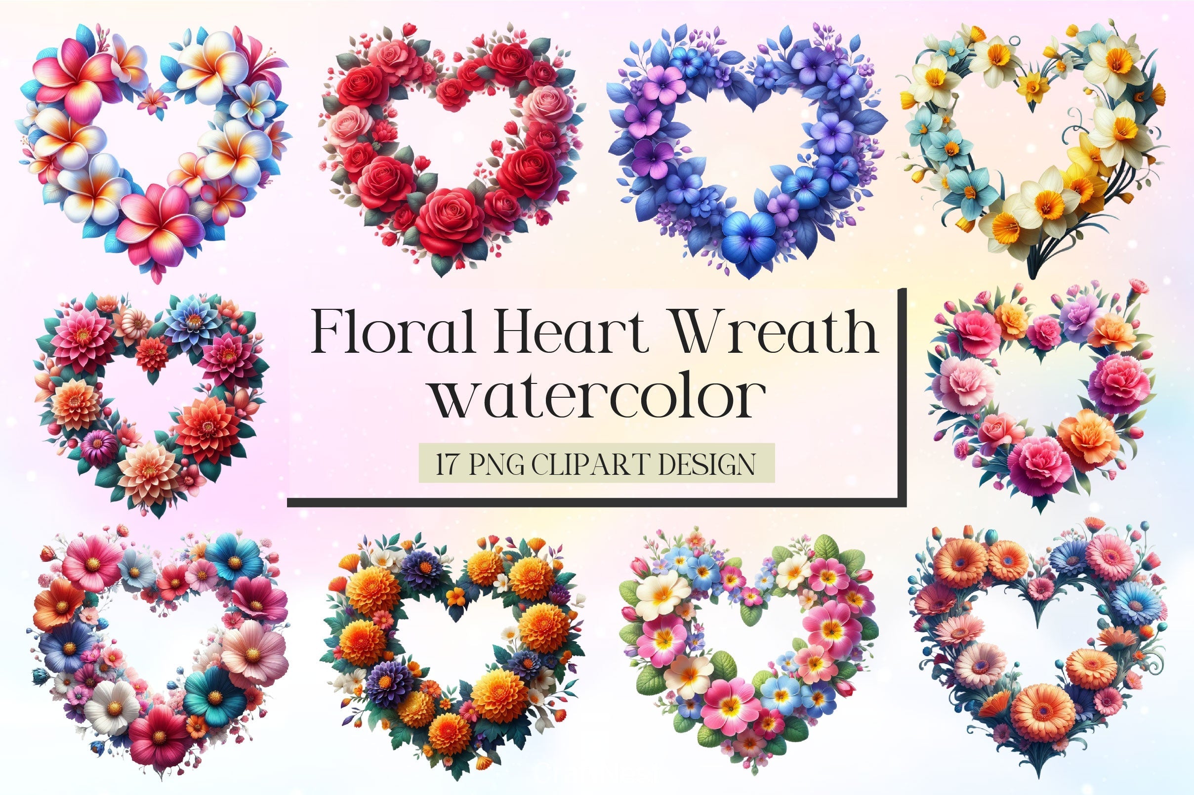 Floral Heart Wreath Clipart Bundle