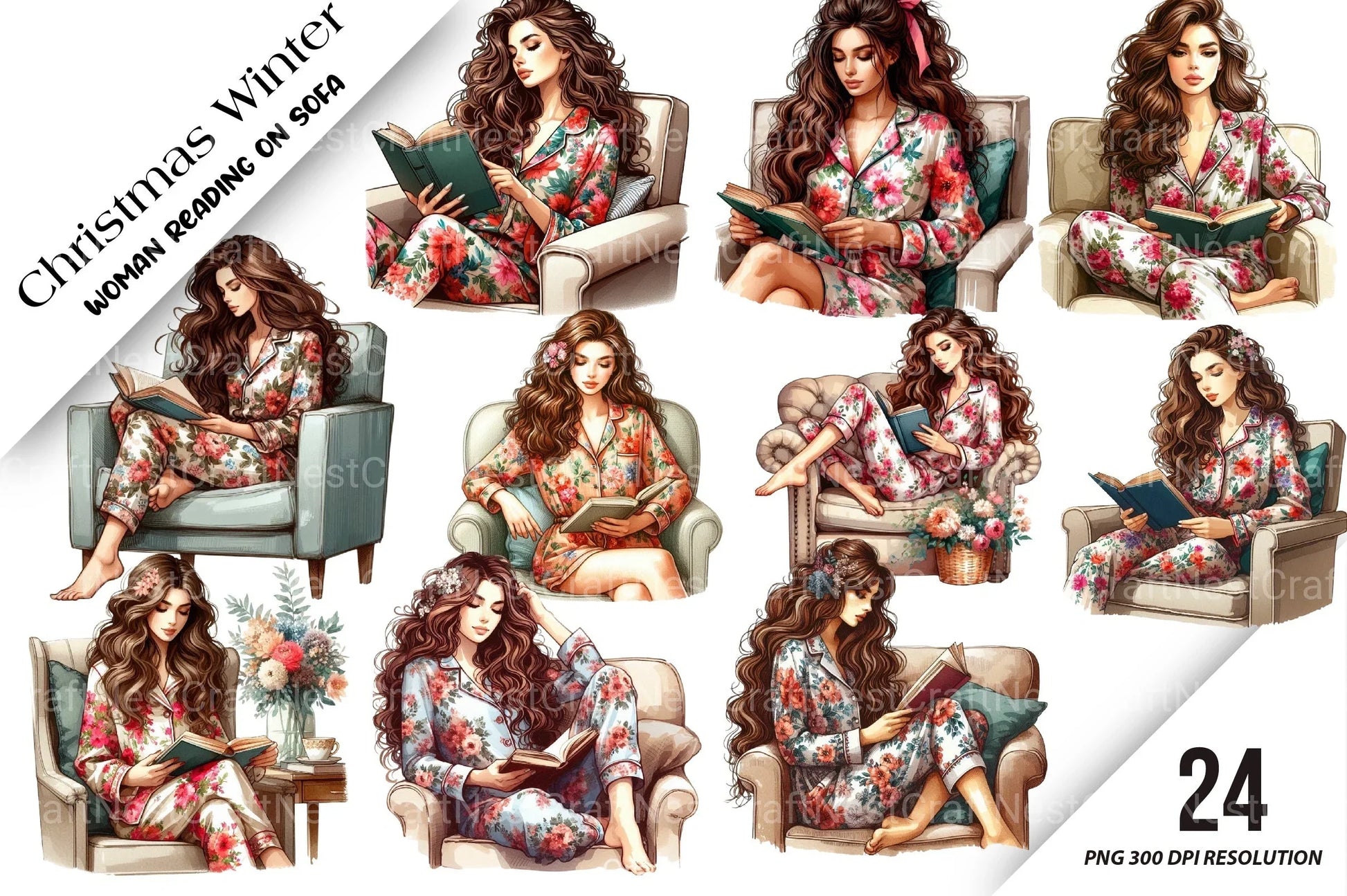 Christmas Winter Woman Reading on Sofa Clipart Bundle - CraftNest - Digital Crafting and Art