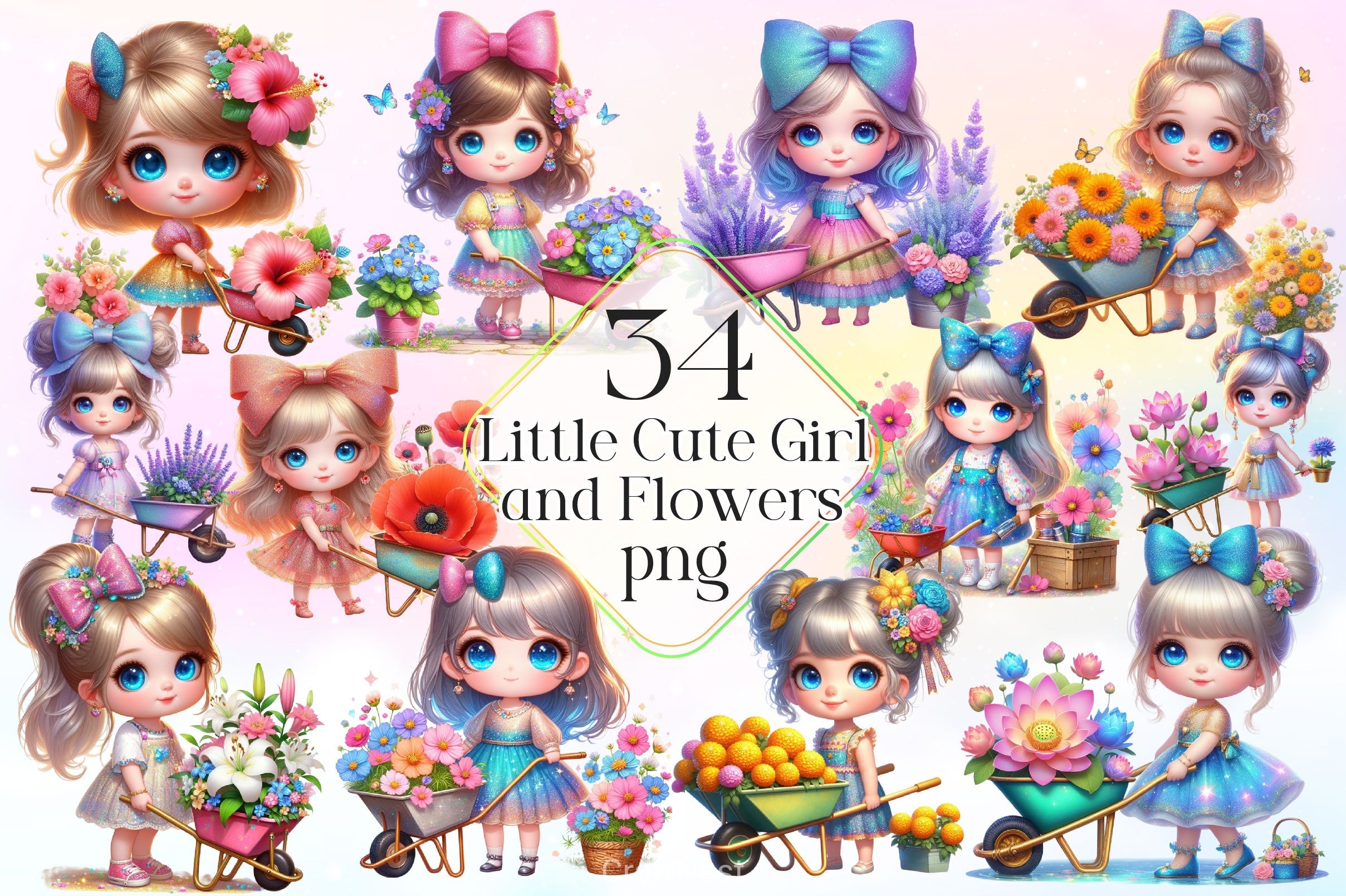 Little Cute Girl And Flowers Clipart Bundle 2