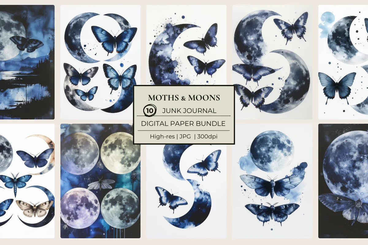 Moths & Moons Junk Journal Papers - CraftNest - Digital Crafting and Art