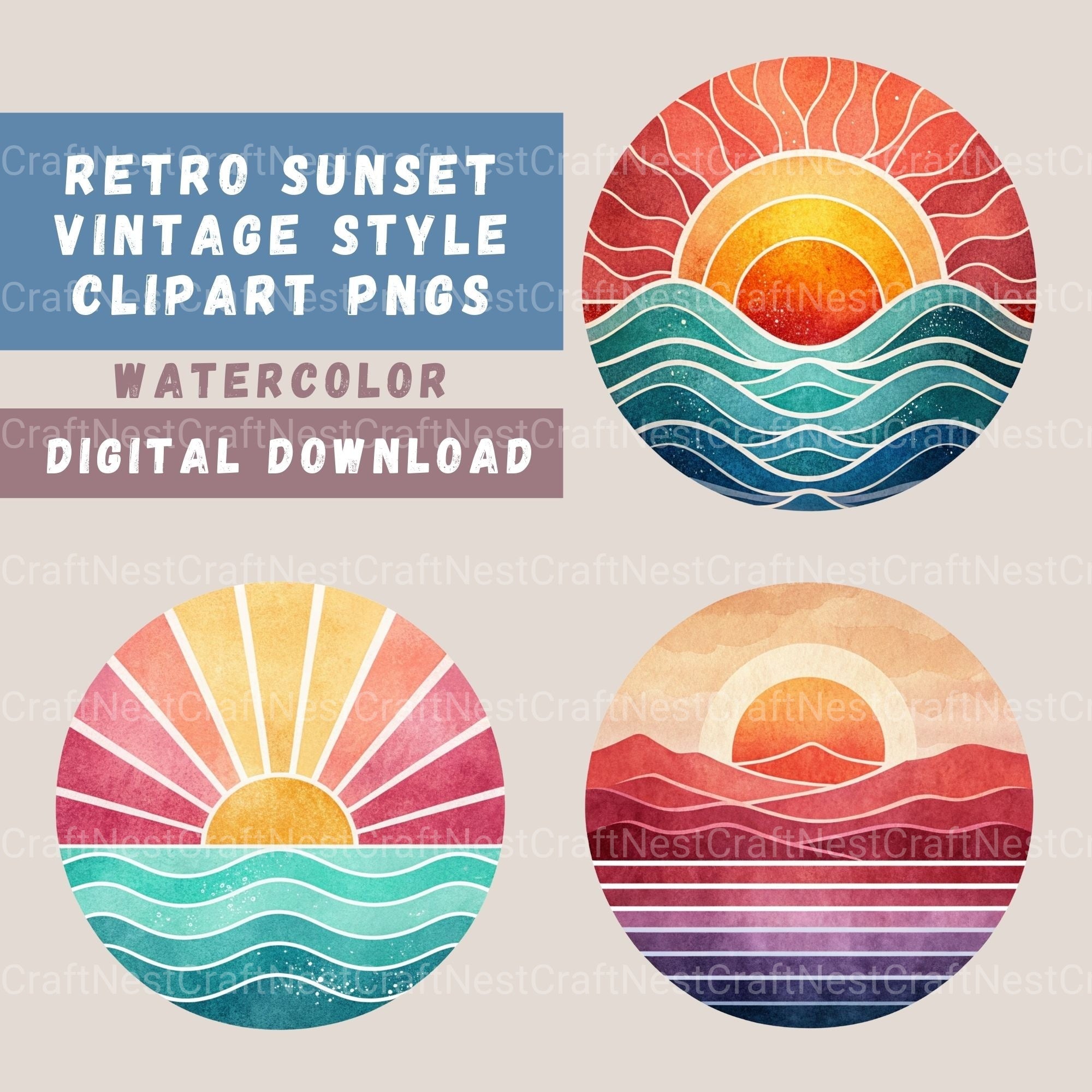 Retro Sunsets Circle Clipart Bundle