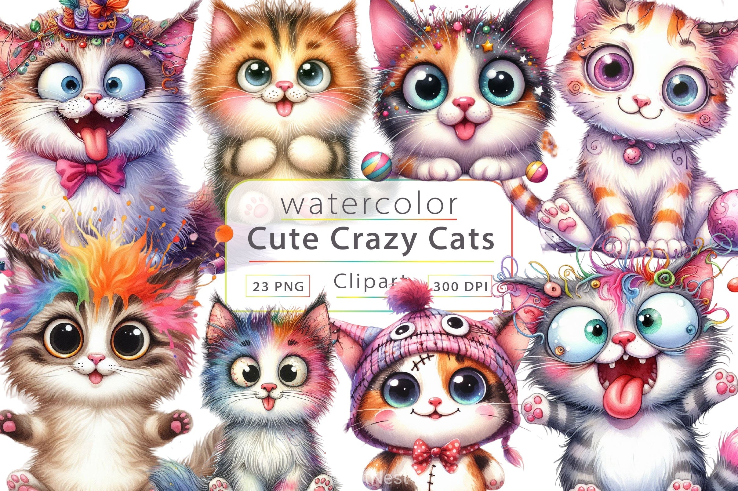Cute Crazy Cat Clipart Bundle