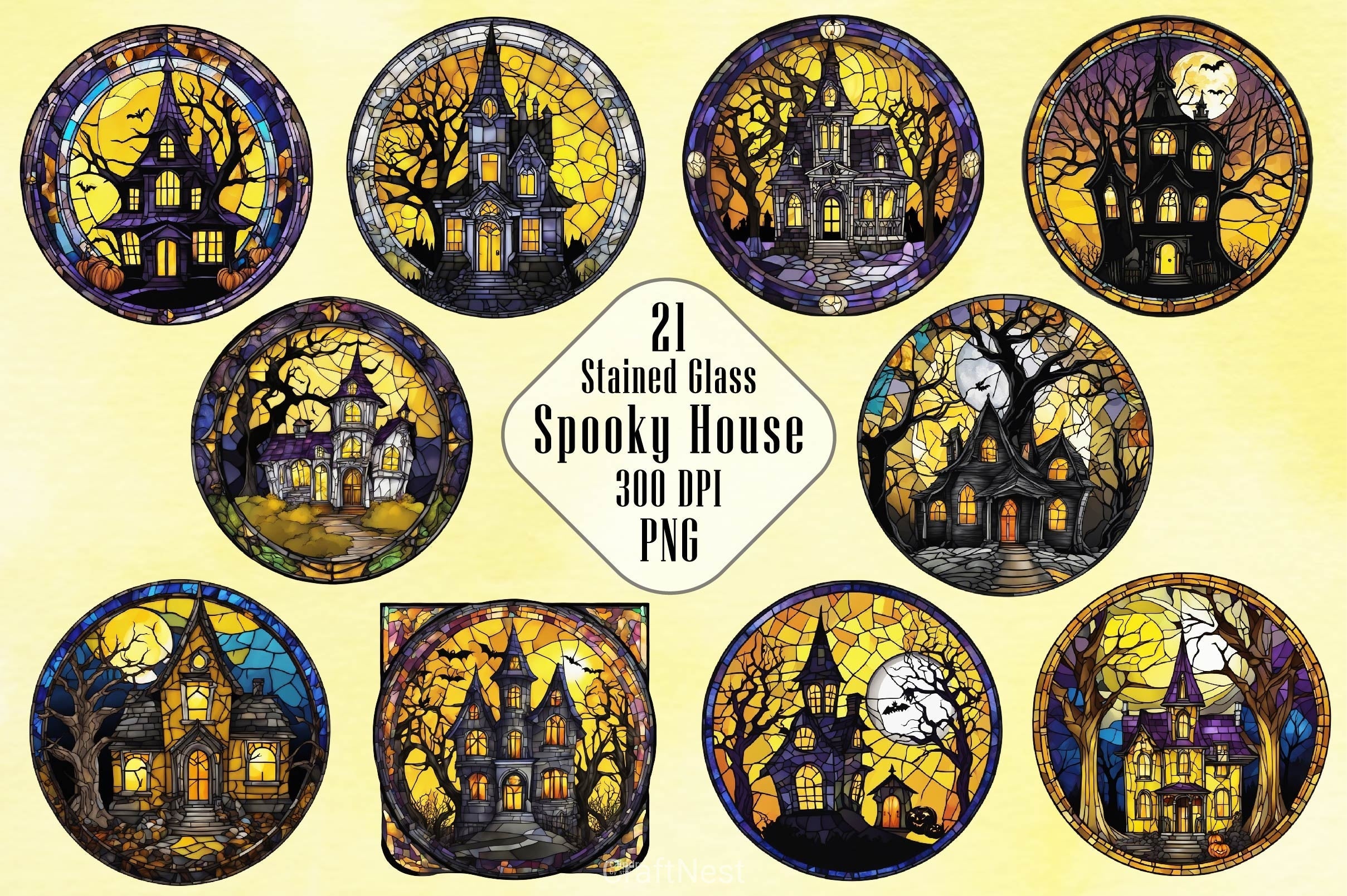 Stained Glass Spooky House Clipart Bundle 2