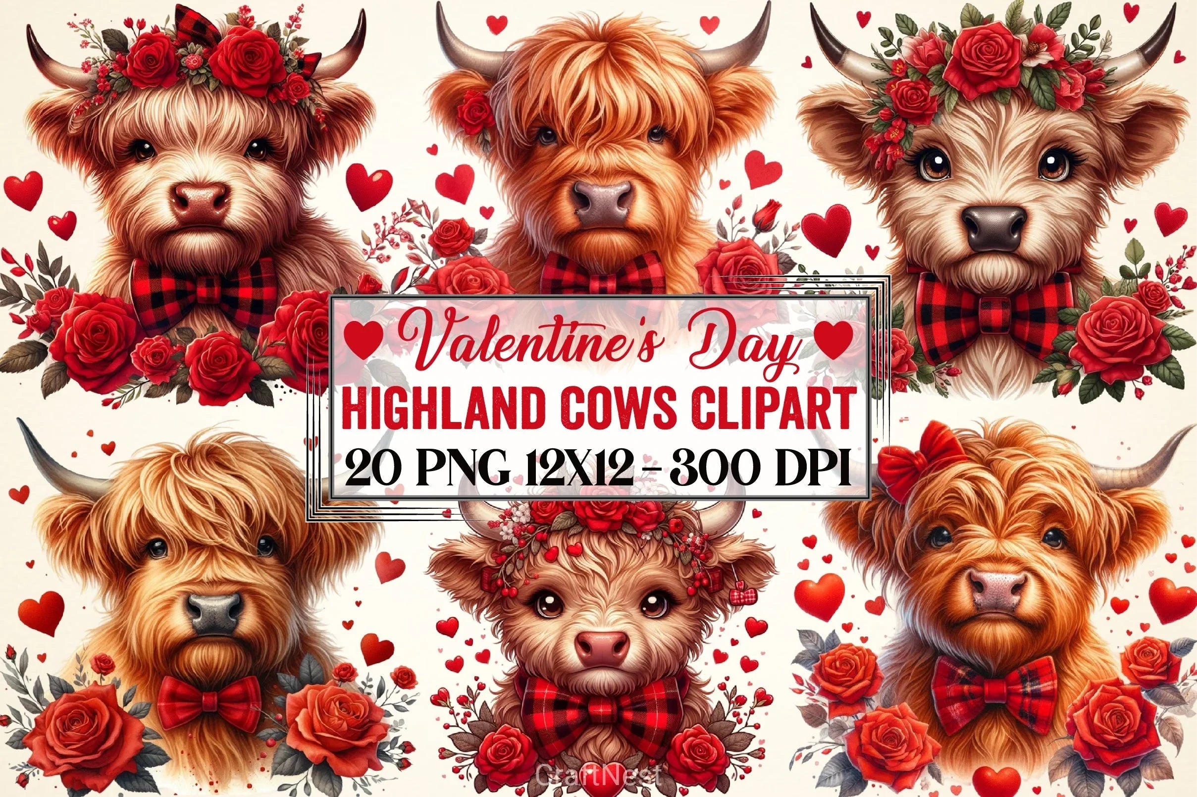 Valentine's Day Highland Cows Clipart Bundle - CraftNest - Digital Crafting and Art