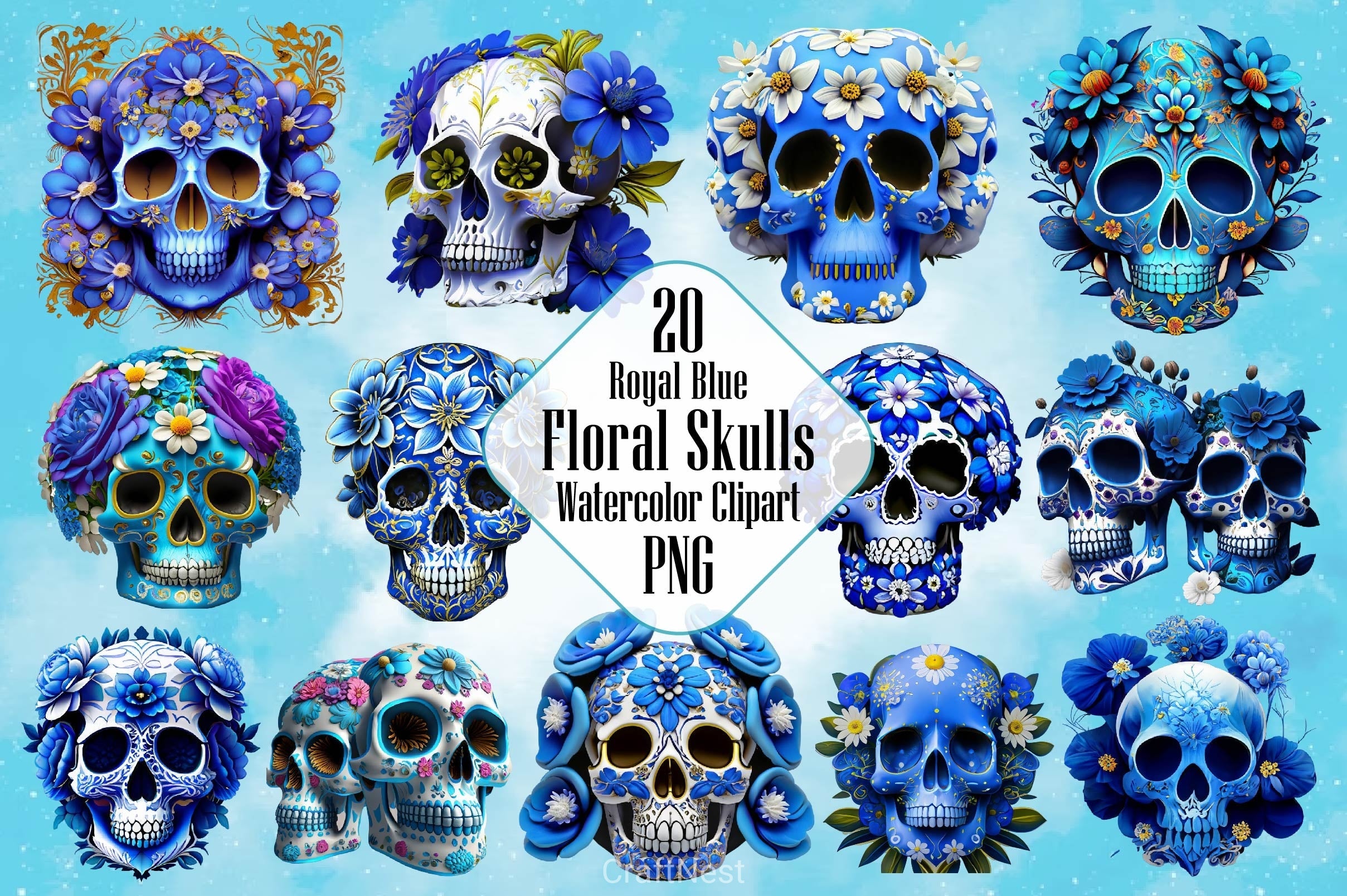 Royal Blue Floral Skulls Clipart Bundle