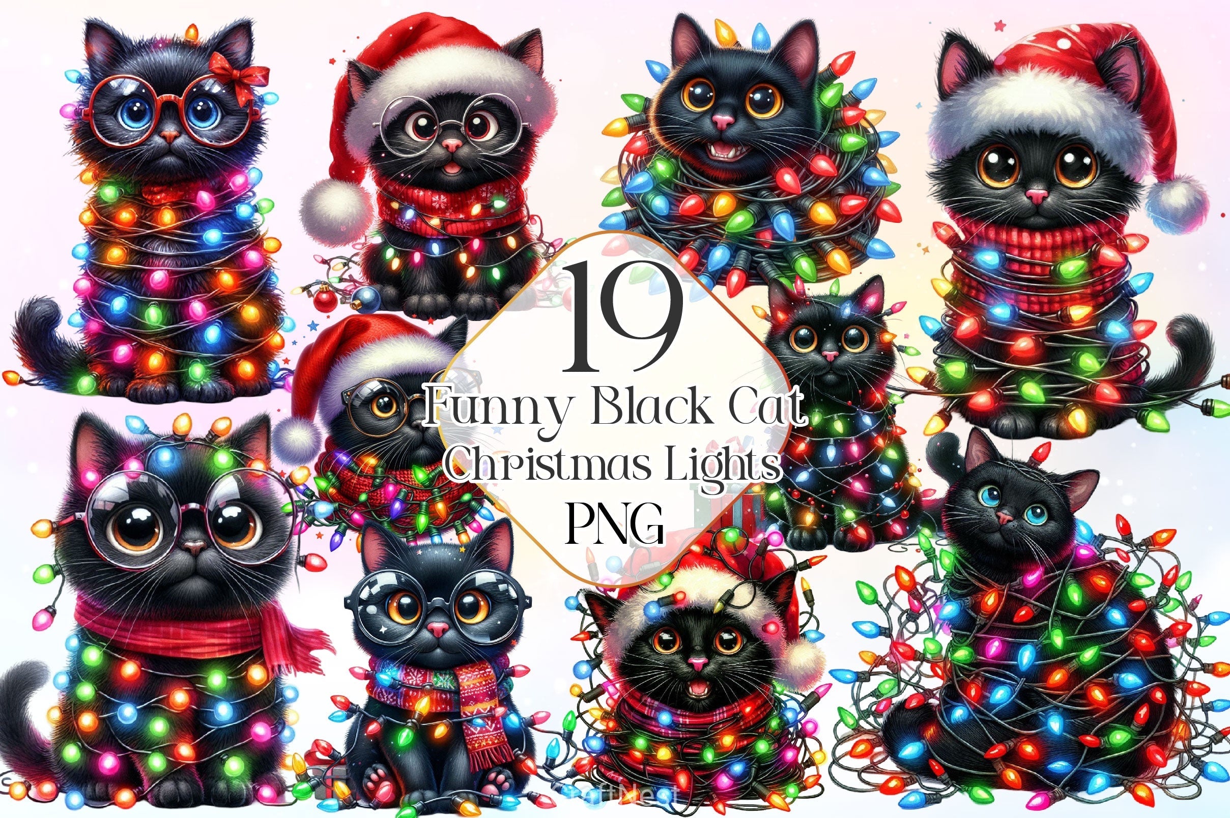 Funny Black Cat With Christmas Lights Clipart Bundle
