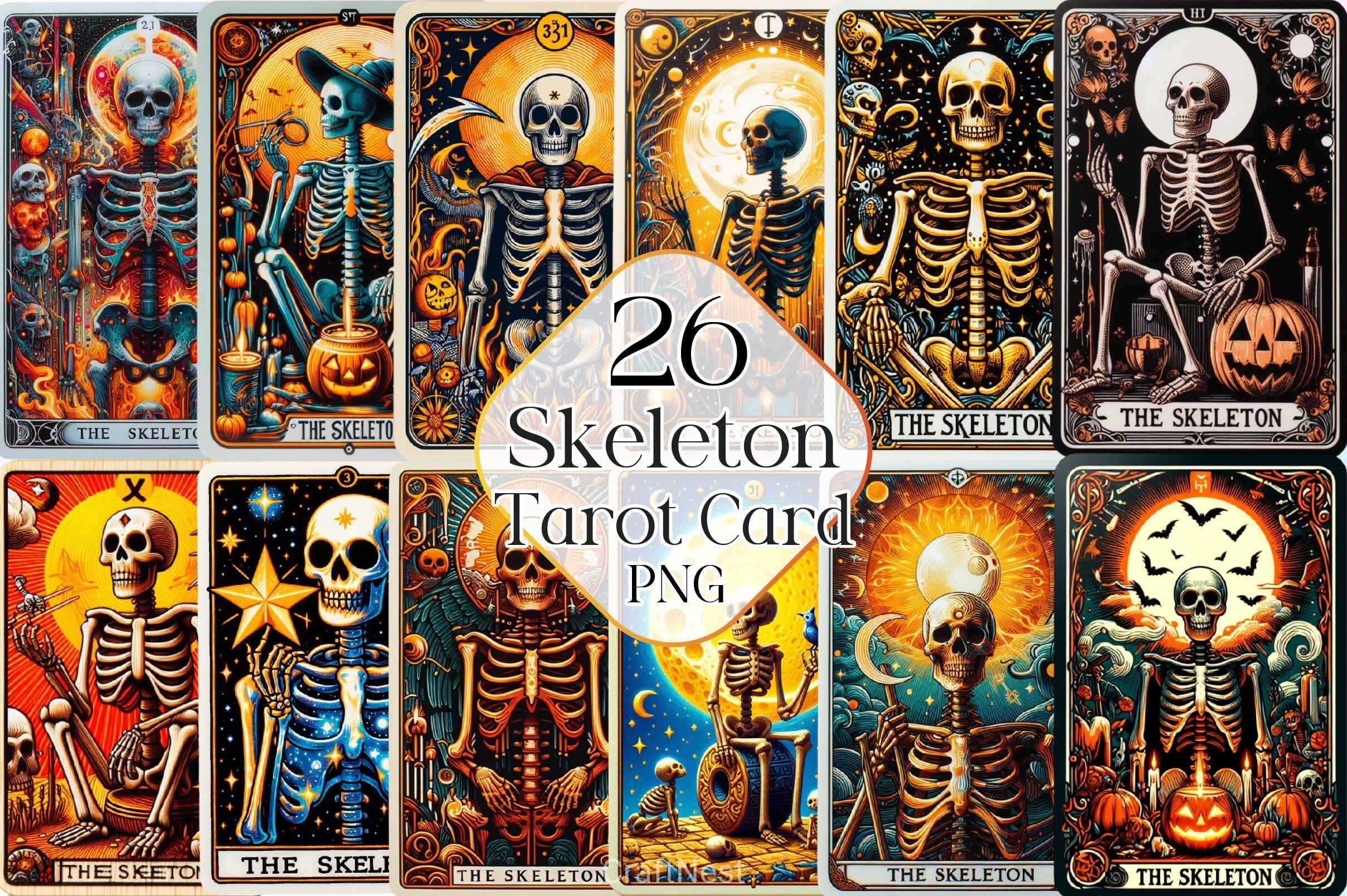 Funny Skeleton Tarot Card Clipart Bundle 4