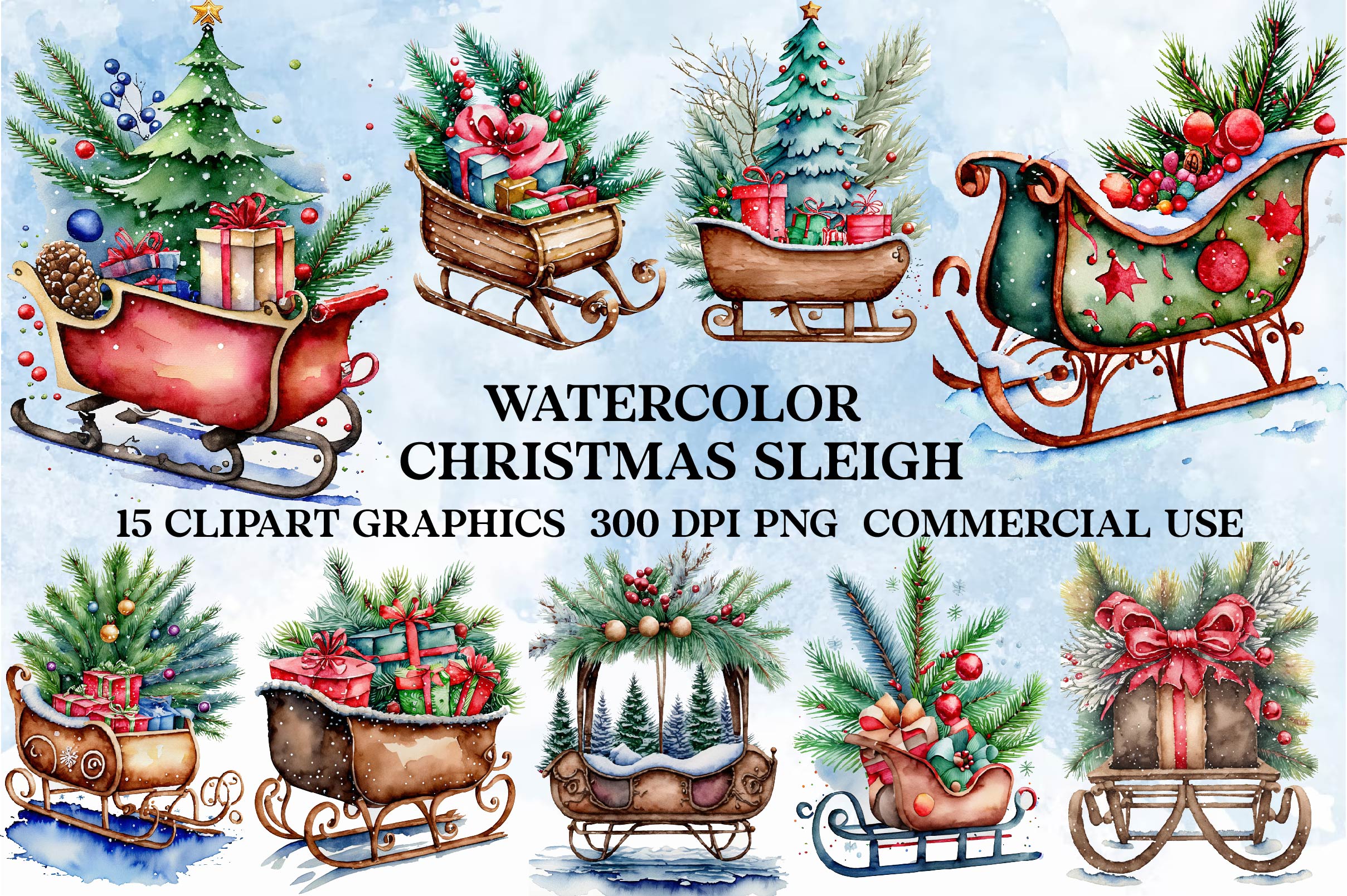 Christmas Sleigh Clipart Bundle