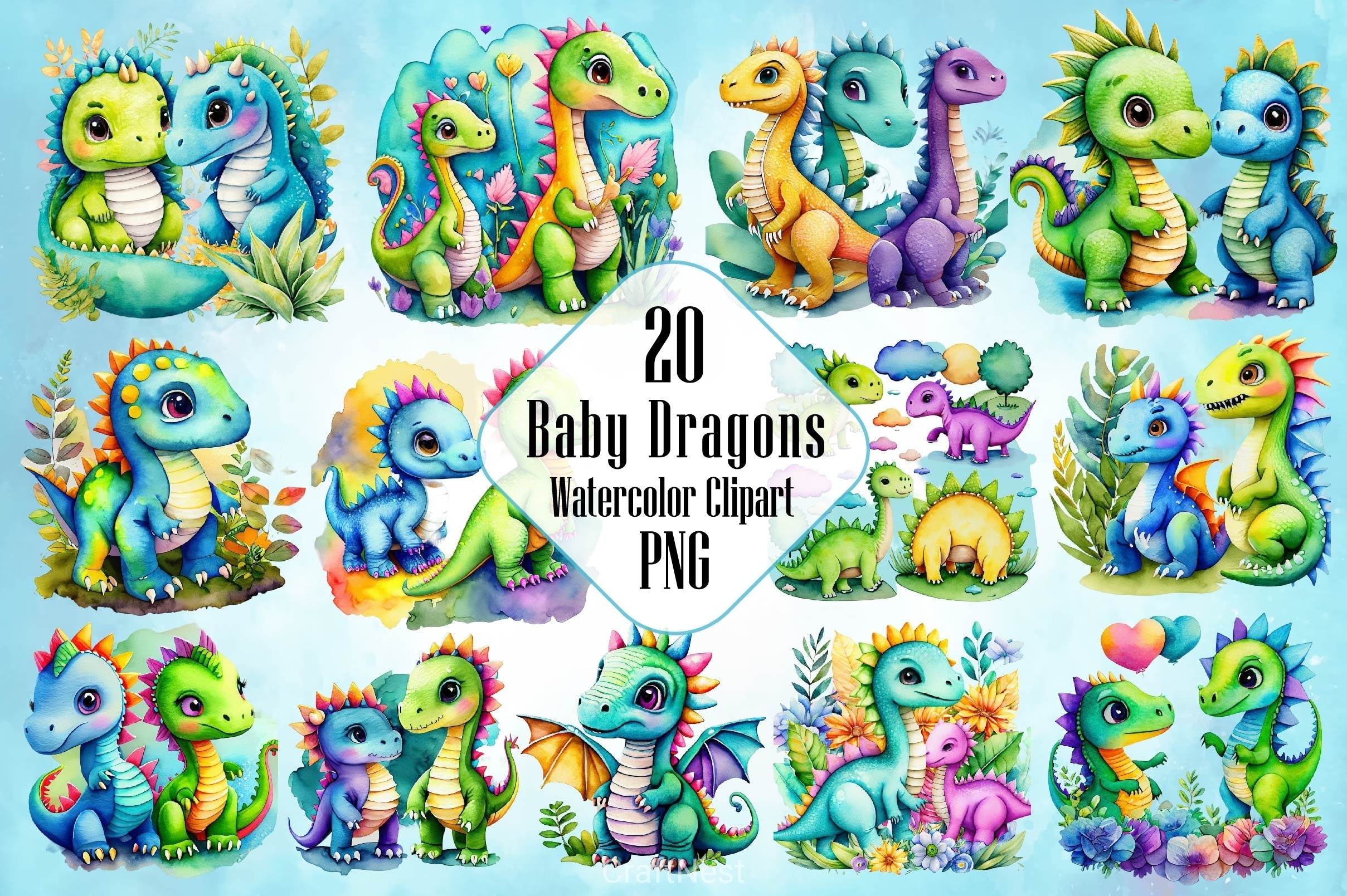 Baby Dinosaur Dragons Clipart Bundle